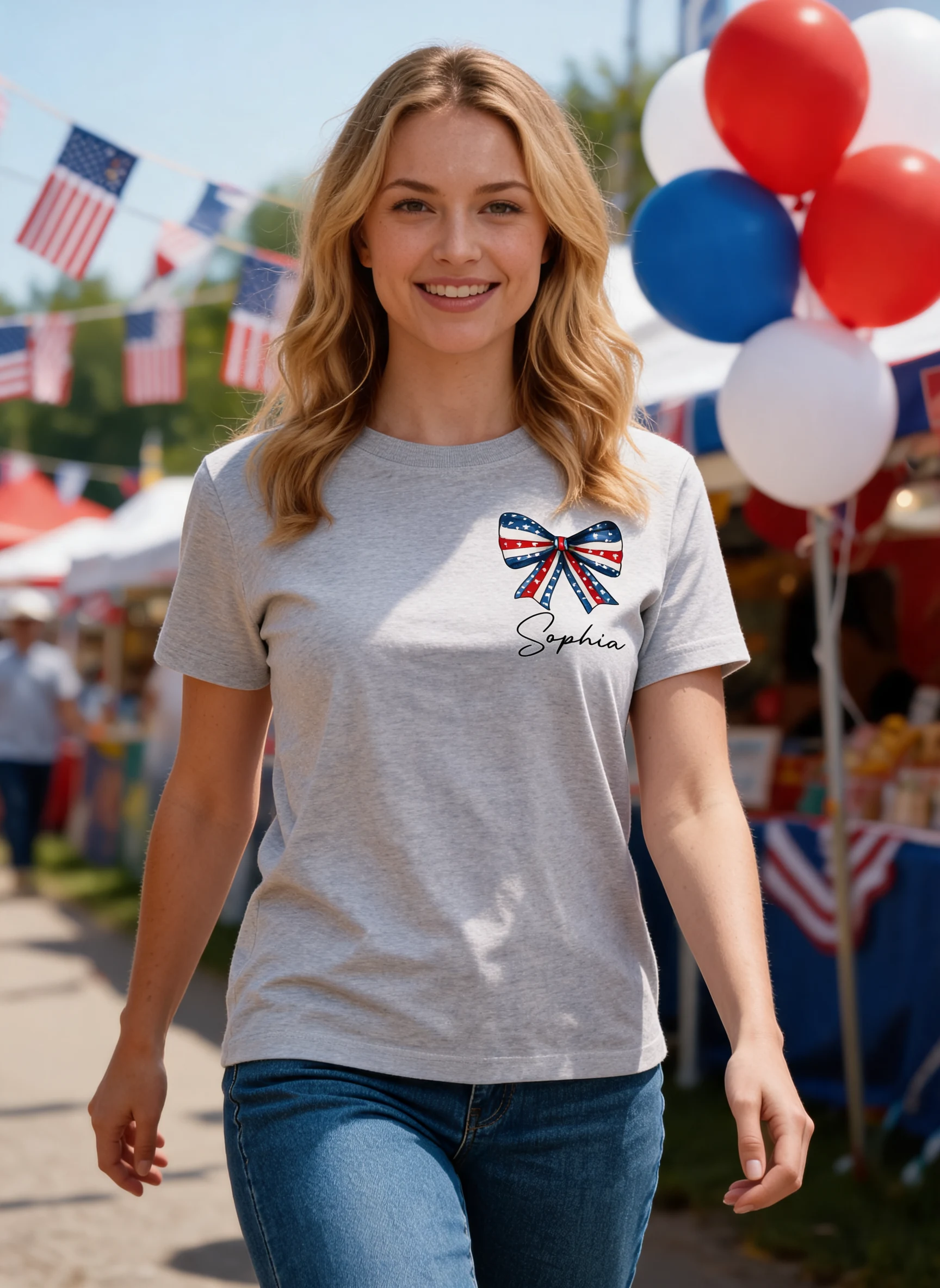 Coquette American Girl 4th Of July Independence Day Bow Personalized Shirt — Sport Grey