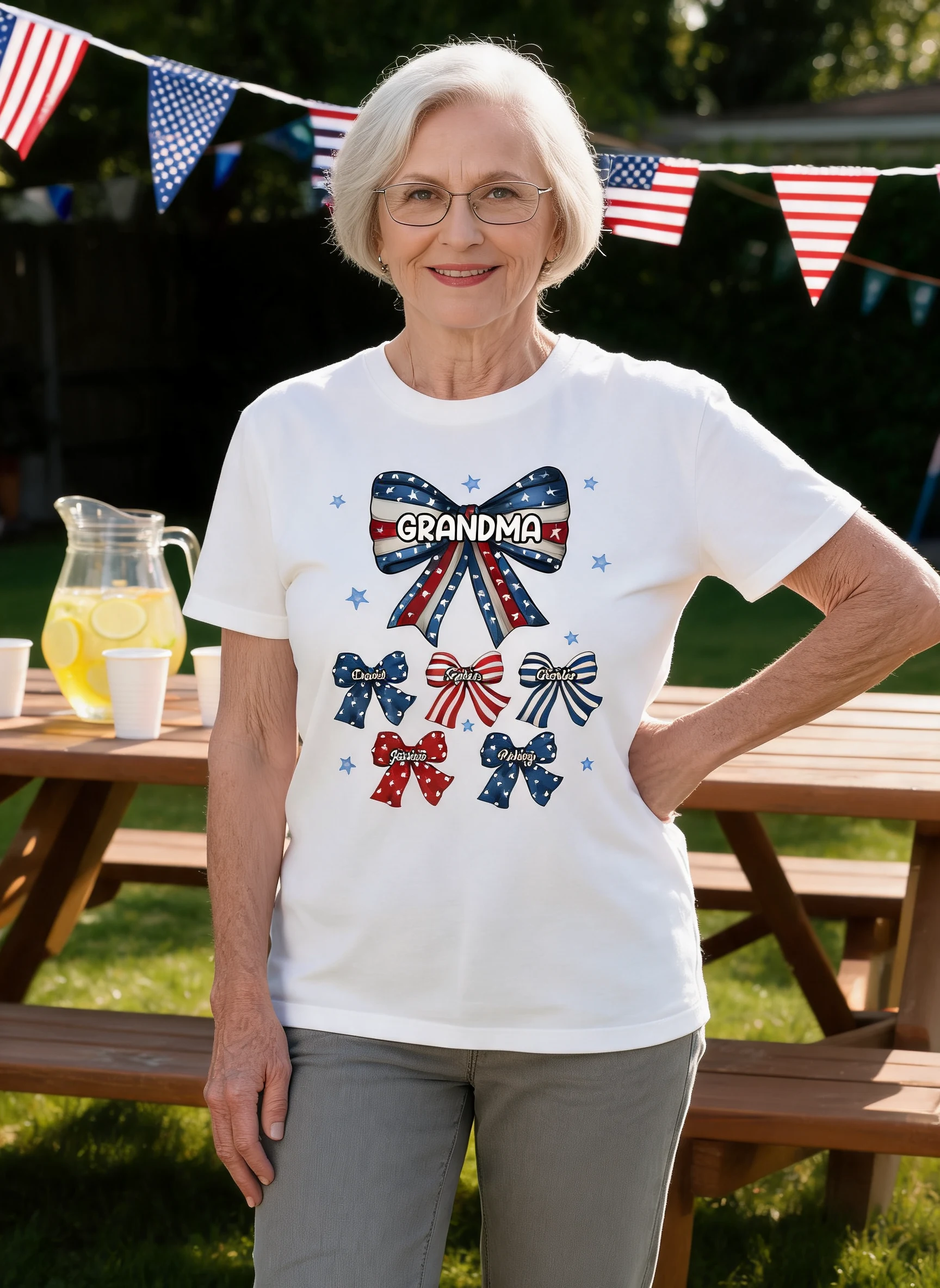 Coquette American Grandma Bow 4th Of July Independence Day Personalized Shirt — White