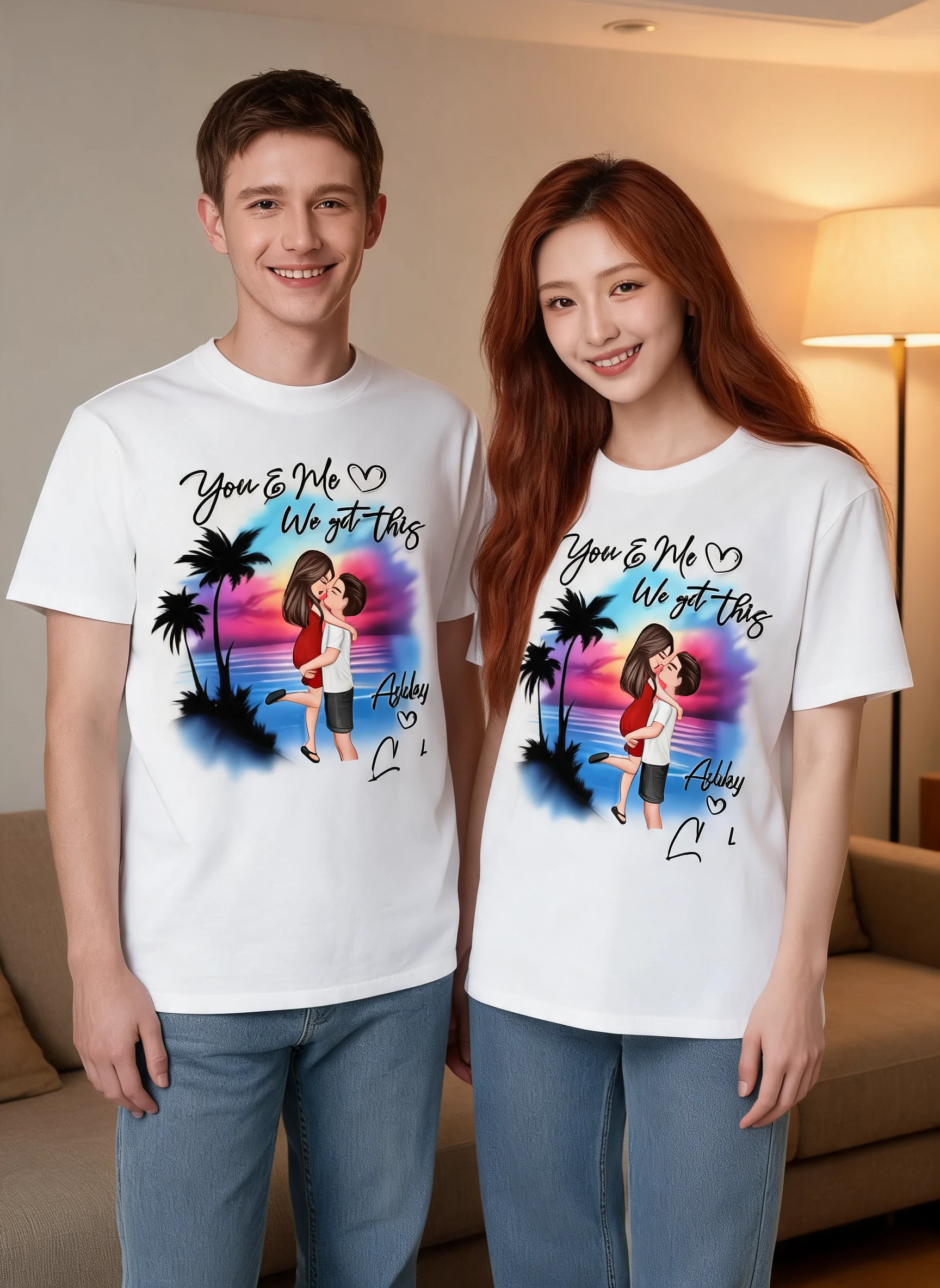 Couple Hugging Kissing Airbrushed Beach Scene Personalized Shirt — White