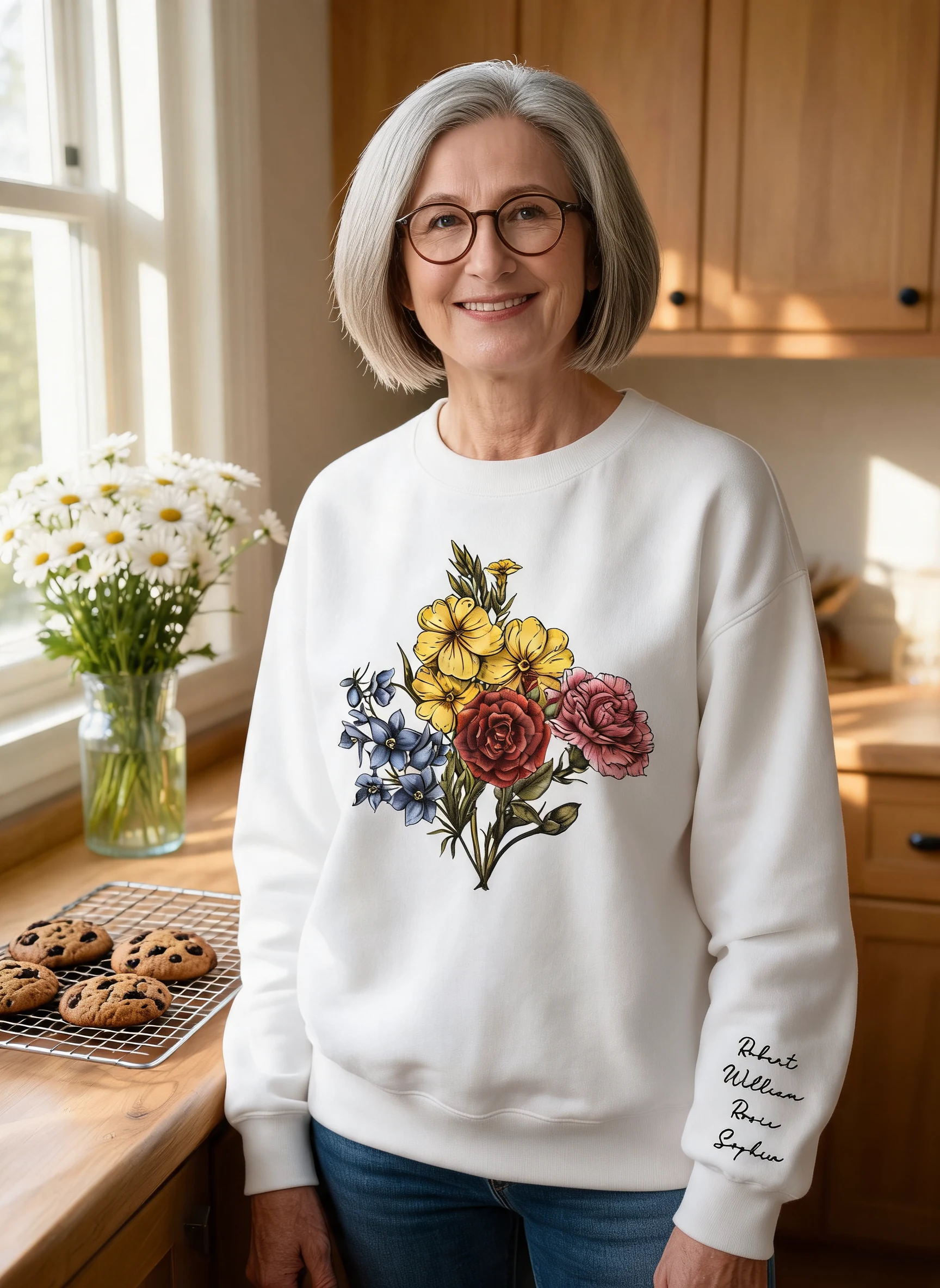 Custom Birth Month Flower Bouquet, Grandma Garden, Gift, Personalized Sleeve Printed Sweatshirt — White