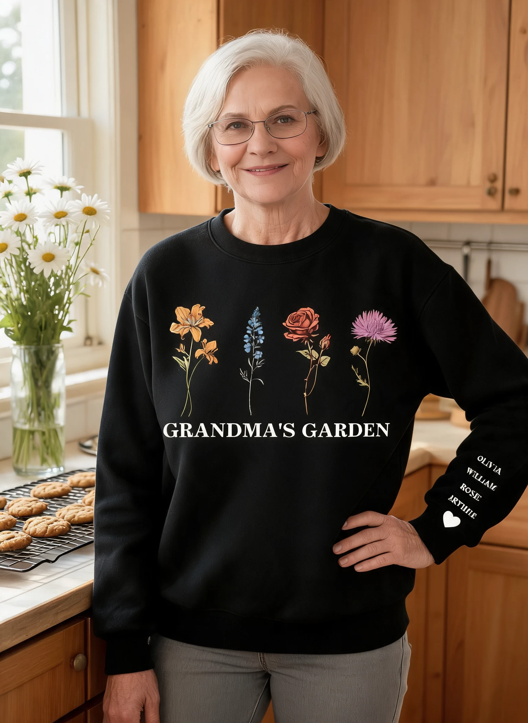 Custom Birth Month Sweatshirt Birth Flower Sweater, Grandma's Garden — Black