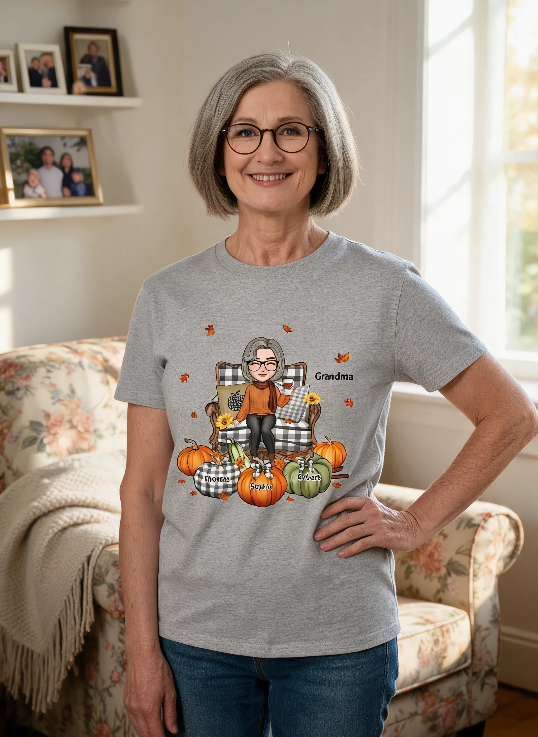 Cute Grandma Mom Sitting On Chair Fall Season Personalized Shirt — Sport Grey