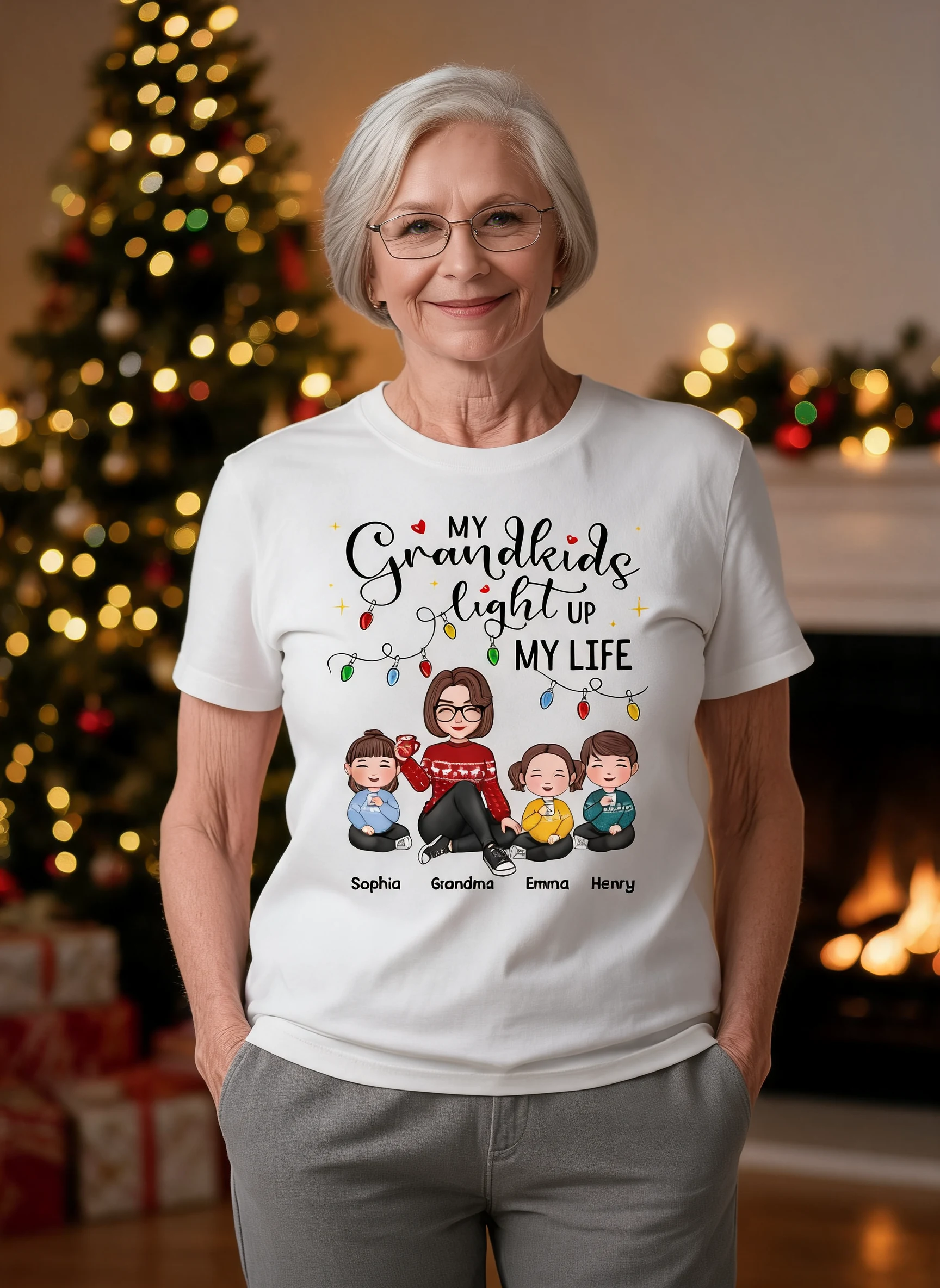 Linda Abuelita Mis Nietos Iluminan Mi Vida Navidad Camiseta Personalizada — Blanco