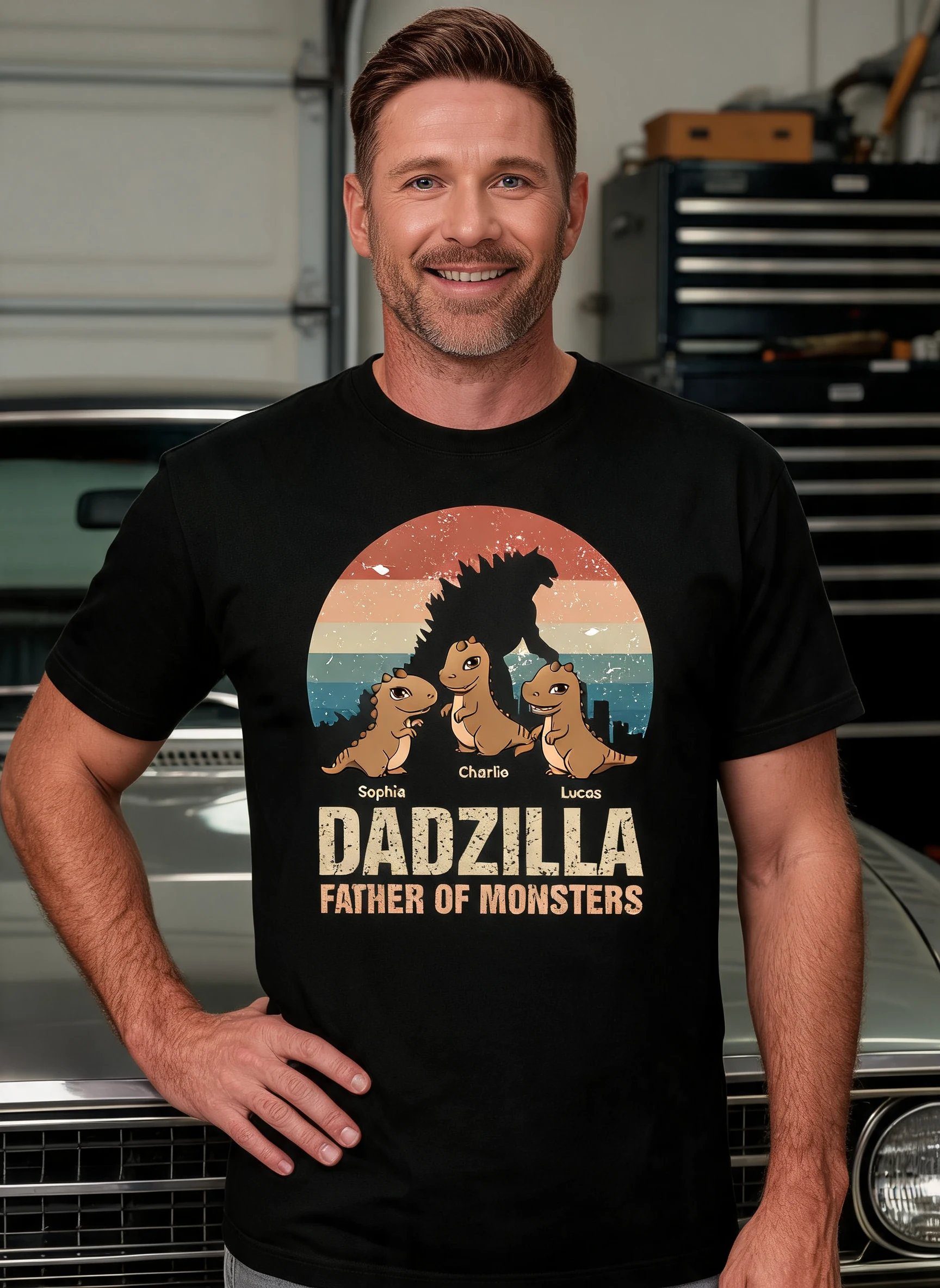 Dadzilla Retro Dinosaurs Personalized Shirt — Black