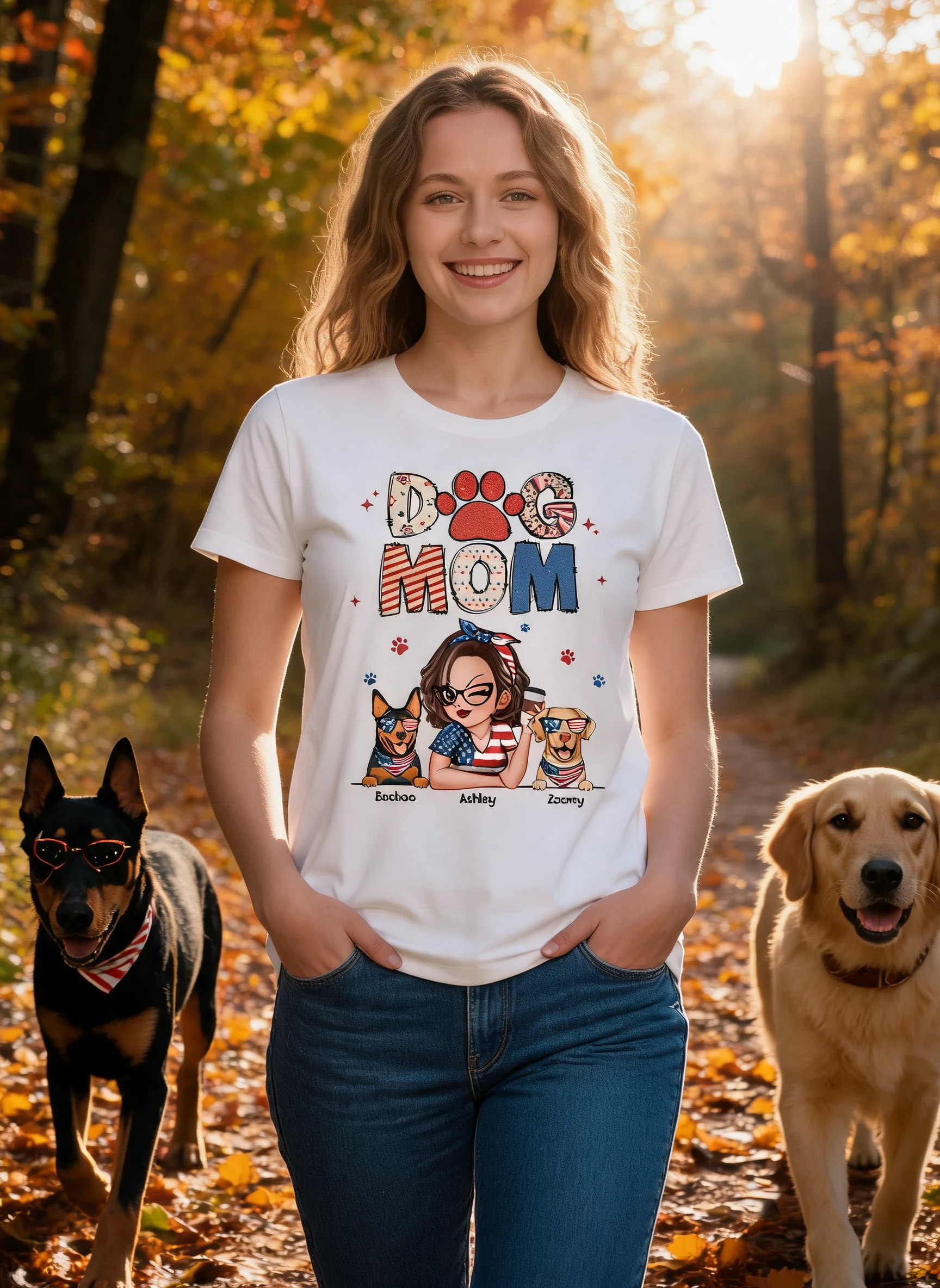 Dog Mom 4th of July America Sparkly Pattern Personalized Shirt, Independence Day — White