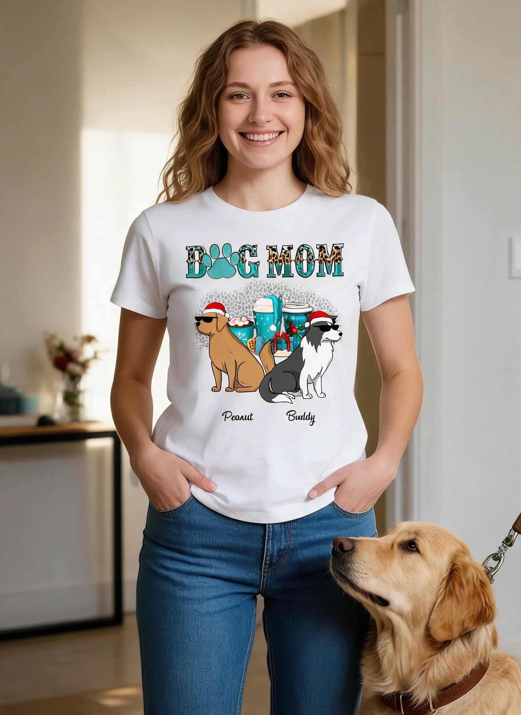 Maman Chien Boissons de Noël Chiens Drôles Dessin Animé T-shirt Personnalisé — Blanc