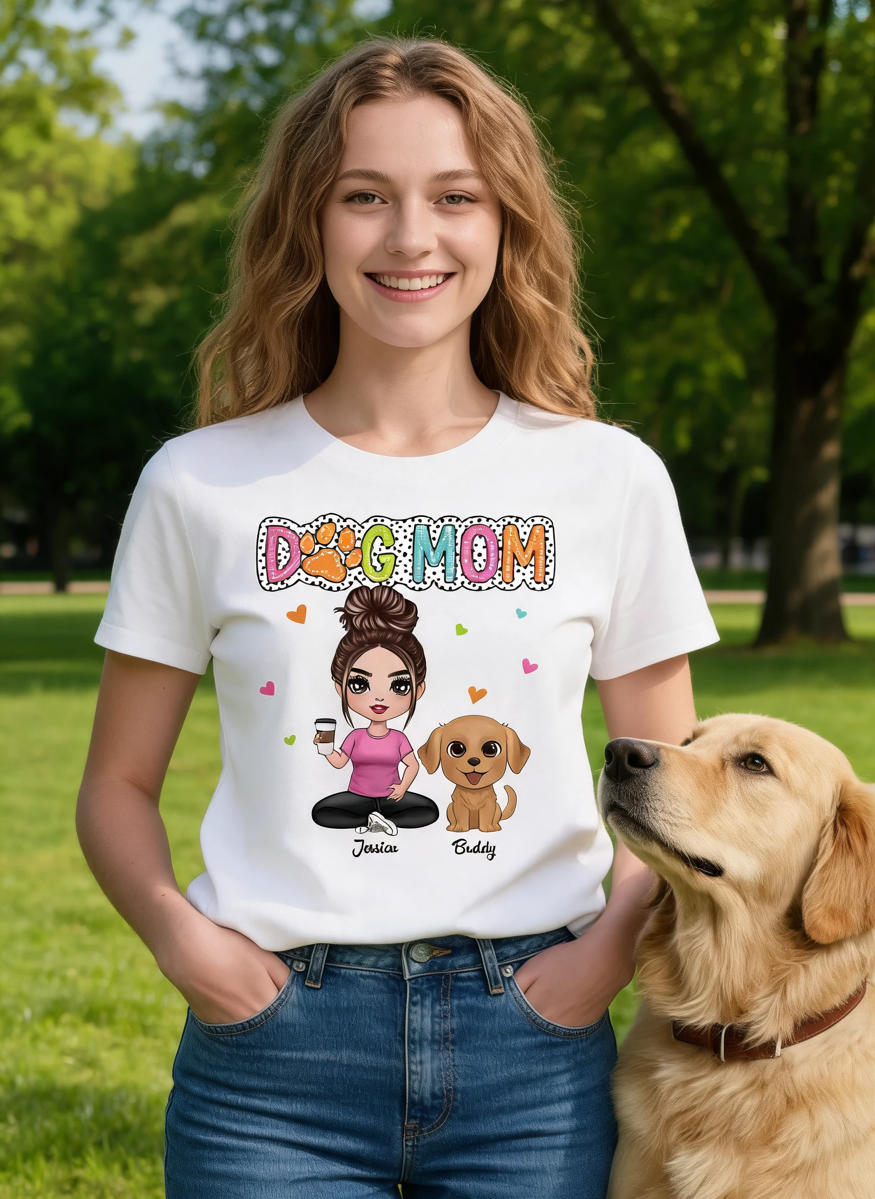 Dog Mom Summer Vibe Woman & Cute Watercolor Dogs Personalized Shirt — White