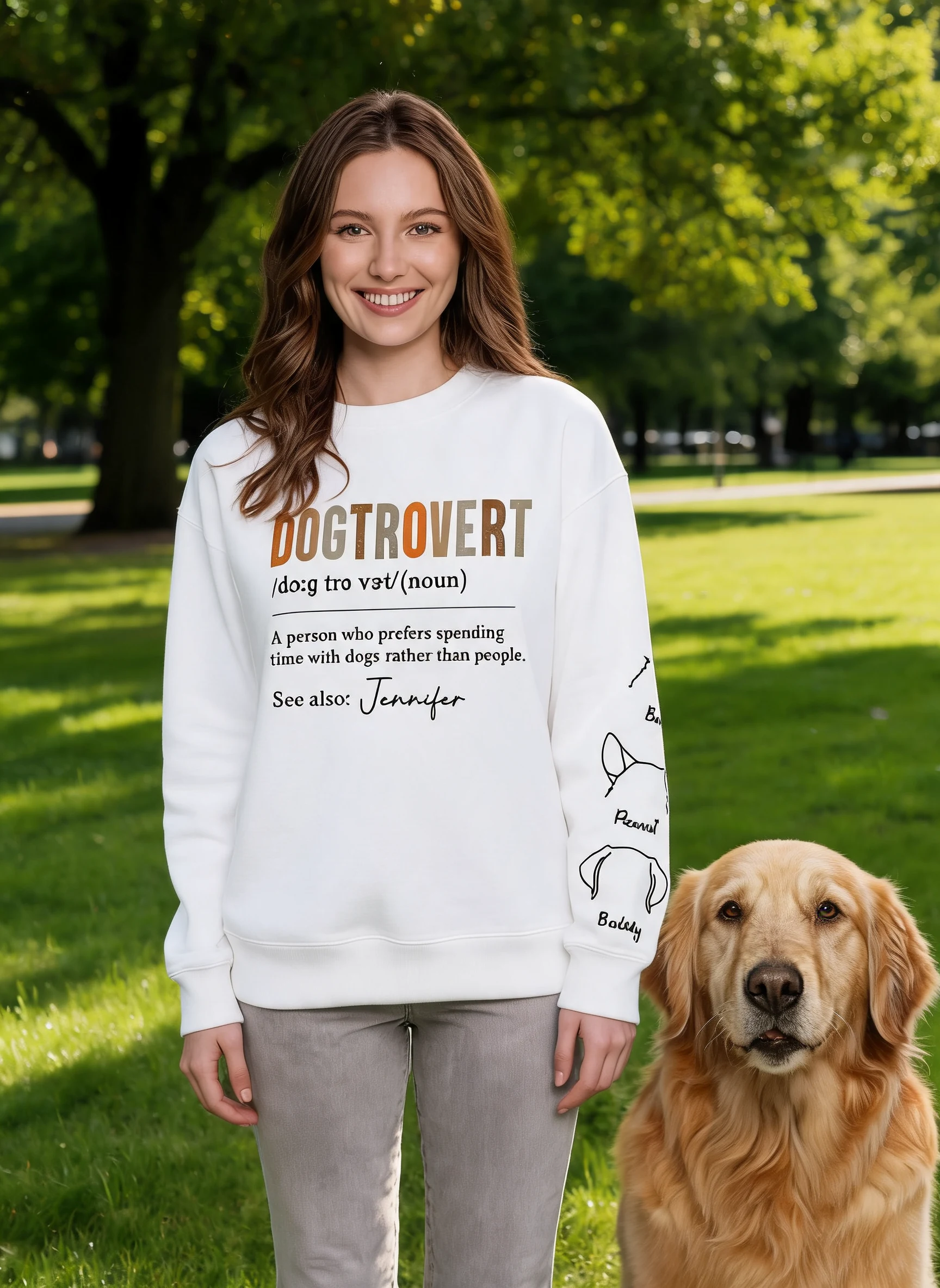 Dogtrovert Definition Mit Hundenamen Personalisiertes Sweatshirt mit Ärmeldruck — Weiß
