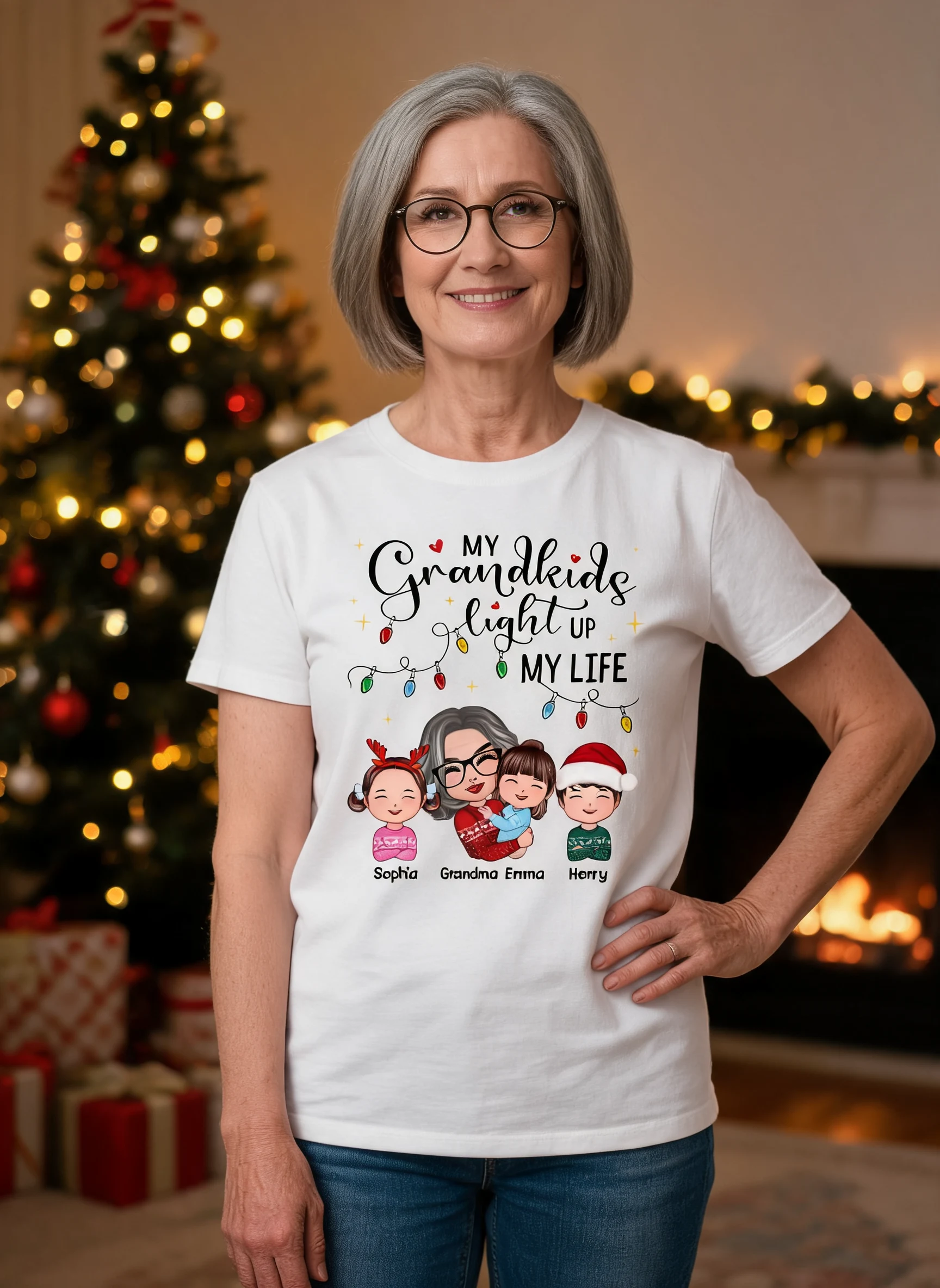 Muñeca Abuela Abrazando Niño Mis Nietos Iluminan Mi Vida Navidad Camiseta Personalizada — Blanco