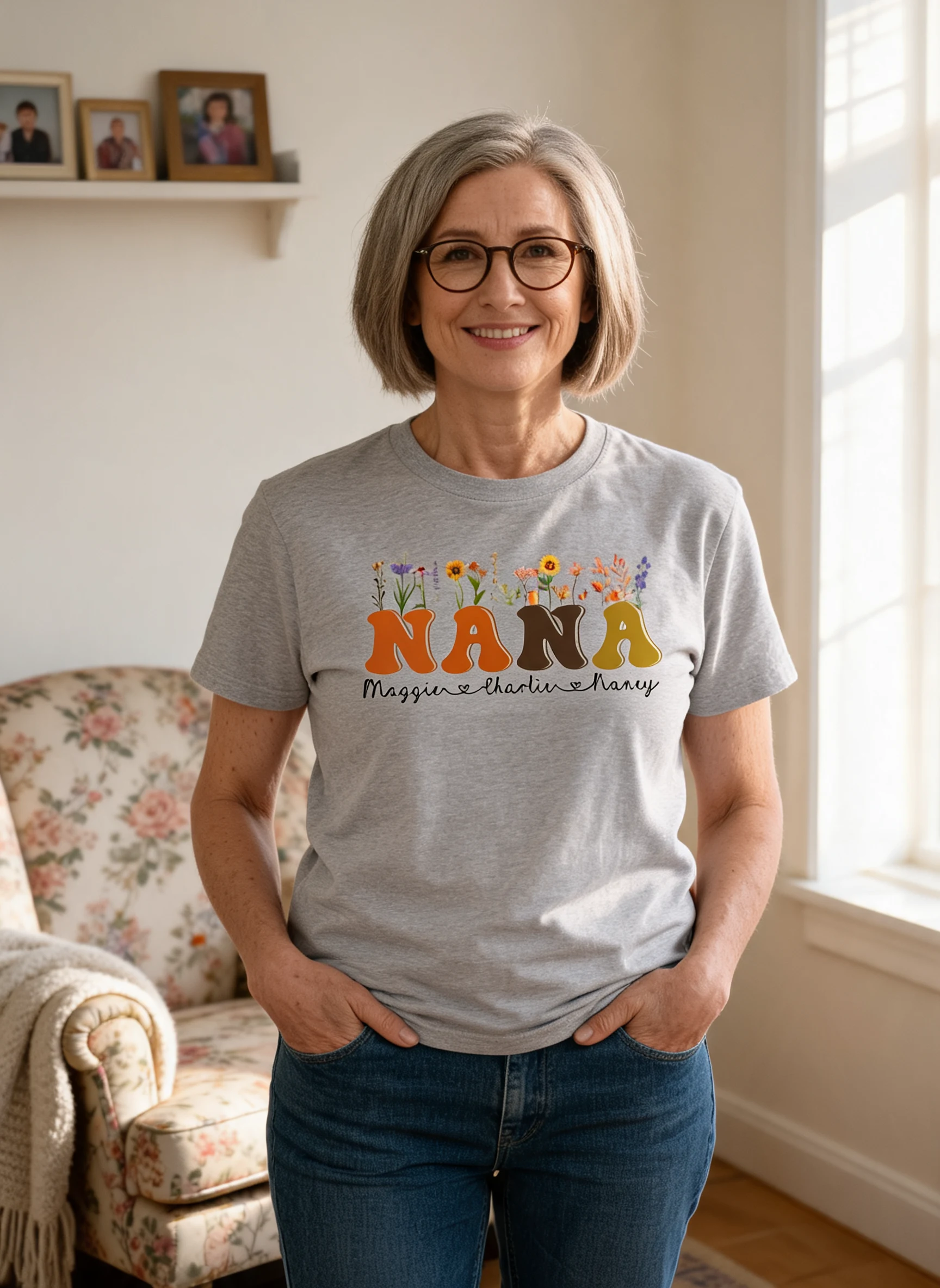 Fall Autumn Flowers Leaves On Text Grandma Mom Personalized Shirt — Sport Grey