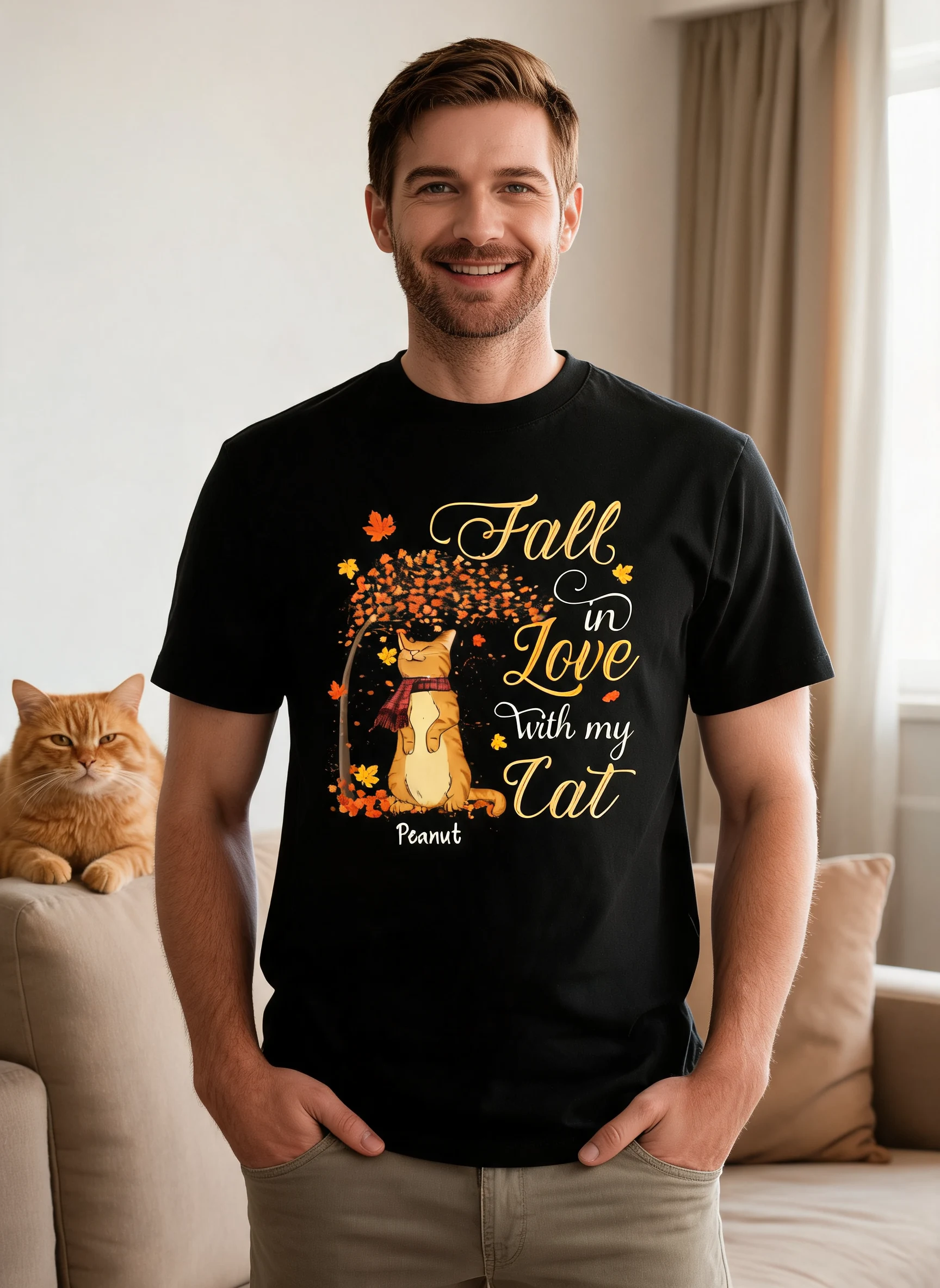 Fall In Love With My Cats Fall Season Personalized Shirt — Black