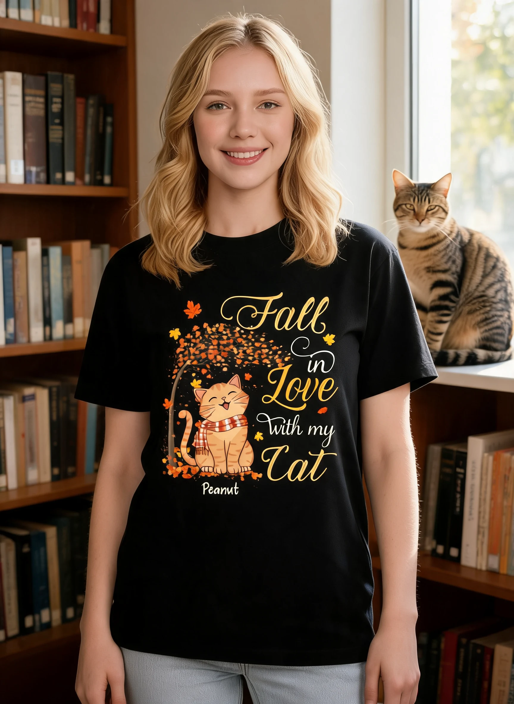 Verlieben Sie sich in meine lächelnden Katzen Personalisiertes Herbst-Shirt — Schwarz