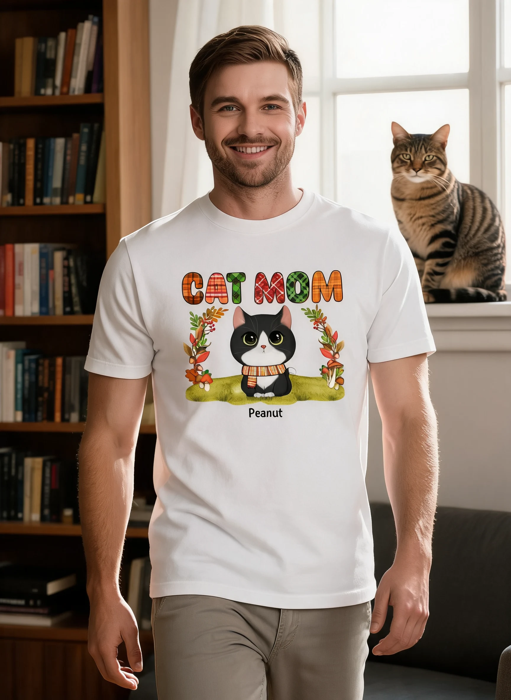 Herbst Katzen-Mama Aquarell Süße Katzen Personalisiertes Shirt — Weiß