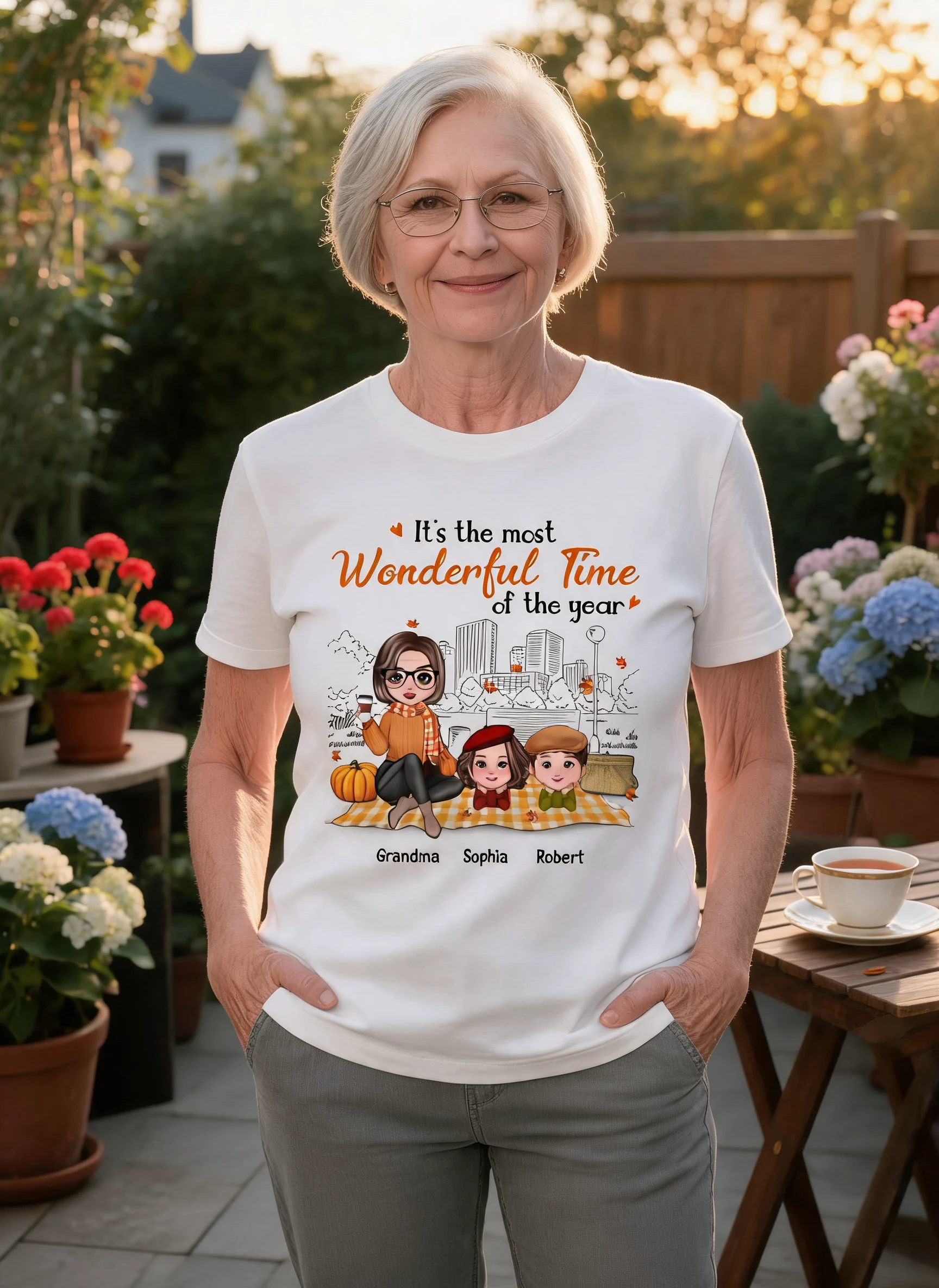 Camiseta Personalizada Abuela Muñeca & Nietos Picnic Temporada de Otoño — Blanca