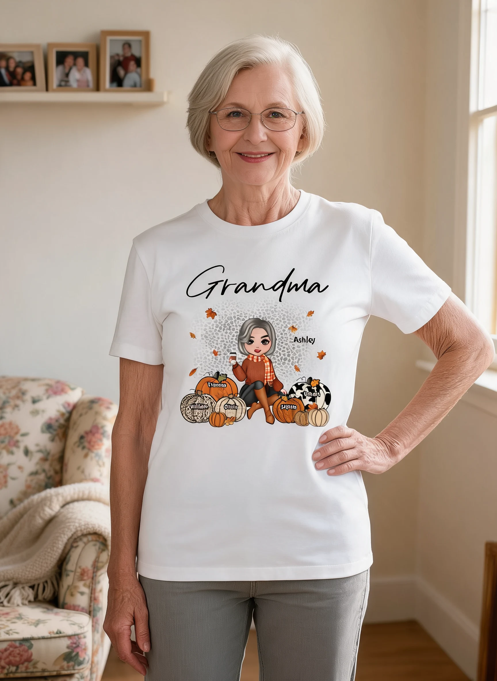 Fall Season Doll Grandma Sitting With Patterned Pumpkins Kids Names Personalized Shirt — White