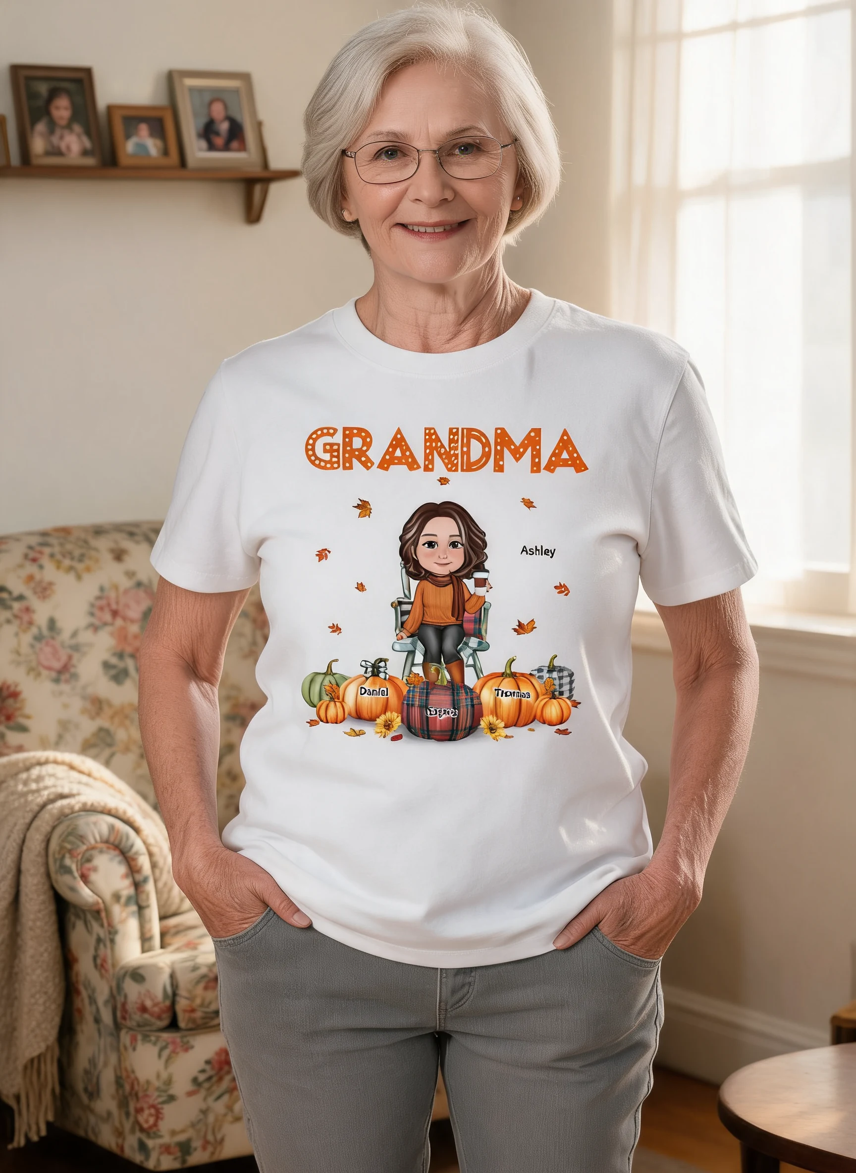 Fall Season Grandma Mom Sitting On Chair Pumpkins Personalized Shirt — White
