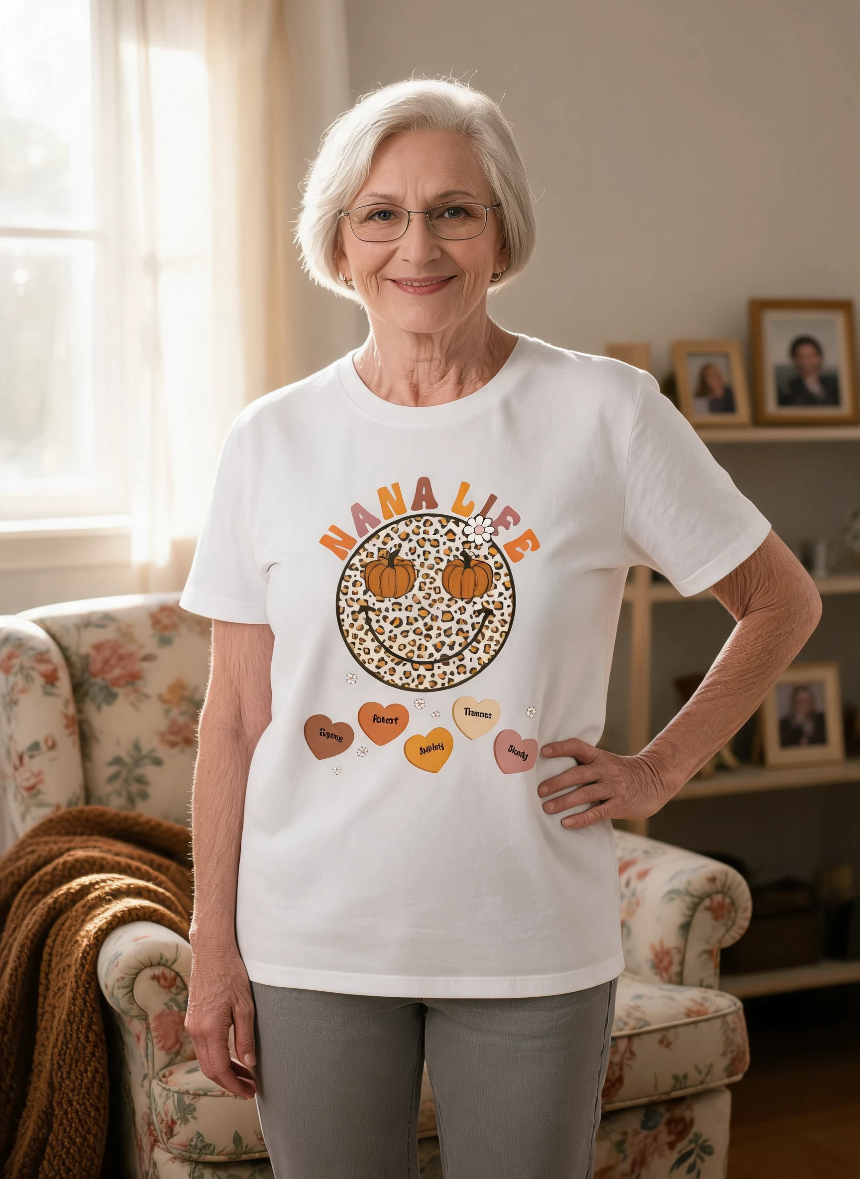 Fall Season Grandma Mom Smiley Face Personalized Shirt — White