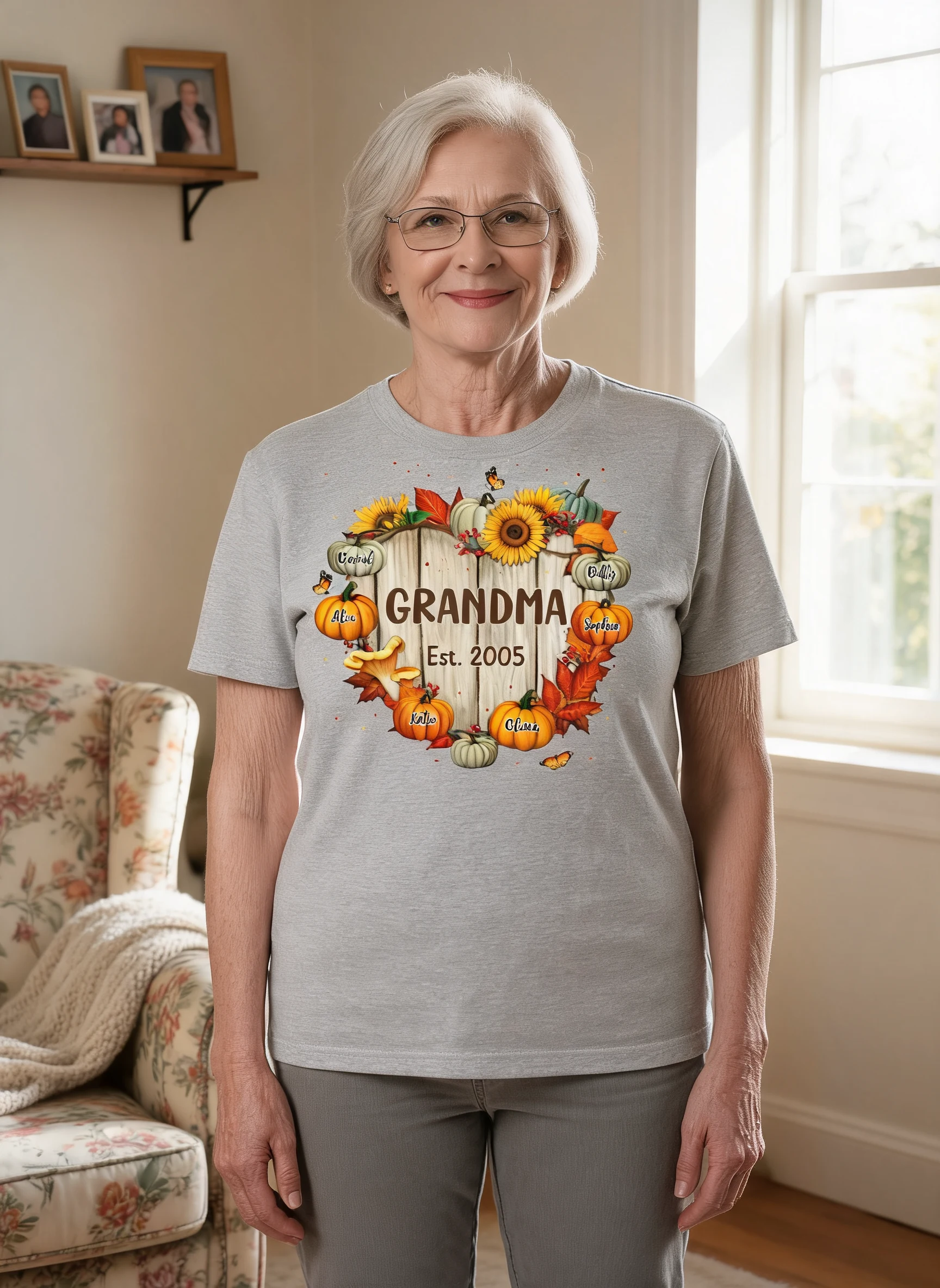 Fall Season Grandma Mom Wood Heart Sign Pumpkins Personalized Shirt — Sport Grey