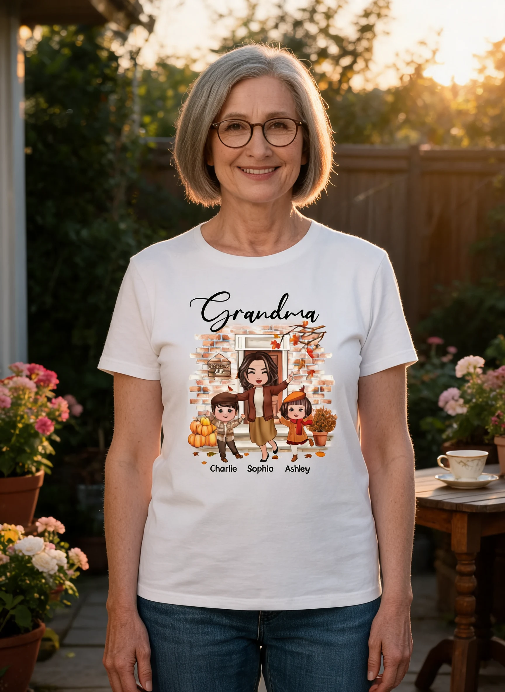 Herbstzeit Fröhliche Puppen-Oma Und Enkelkinder An Der Haustür Personalisiertes Shirt — Weiß