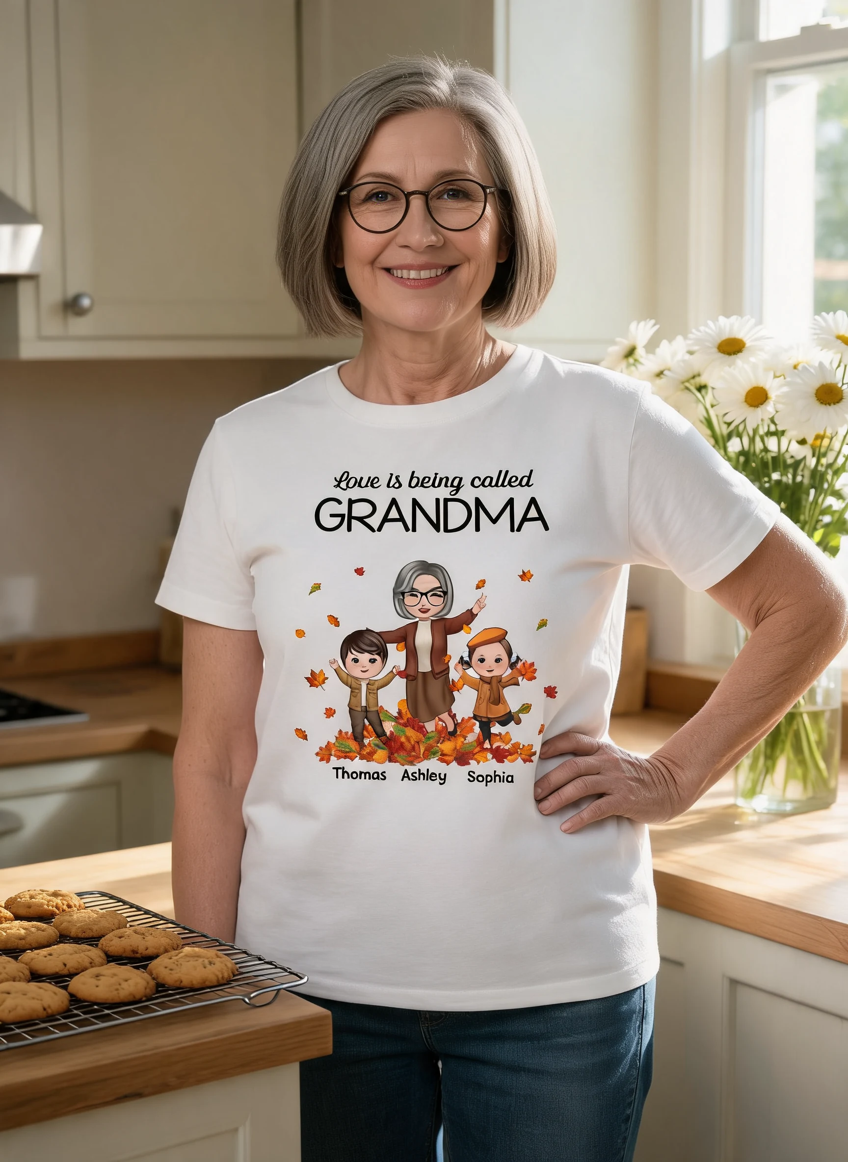Fall Season Happy Doll Grandma And Grandkids Playing With Autumn Leaves Pile Personalized Shirt — White