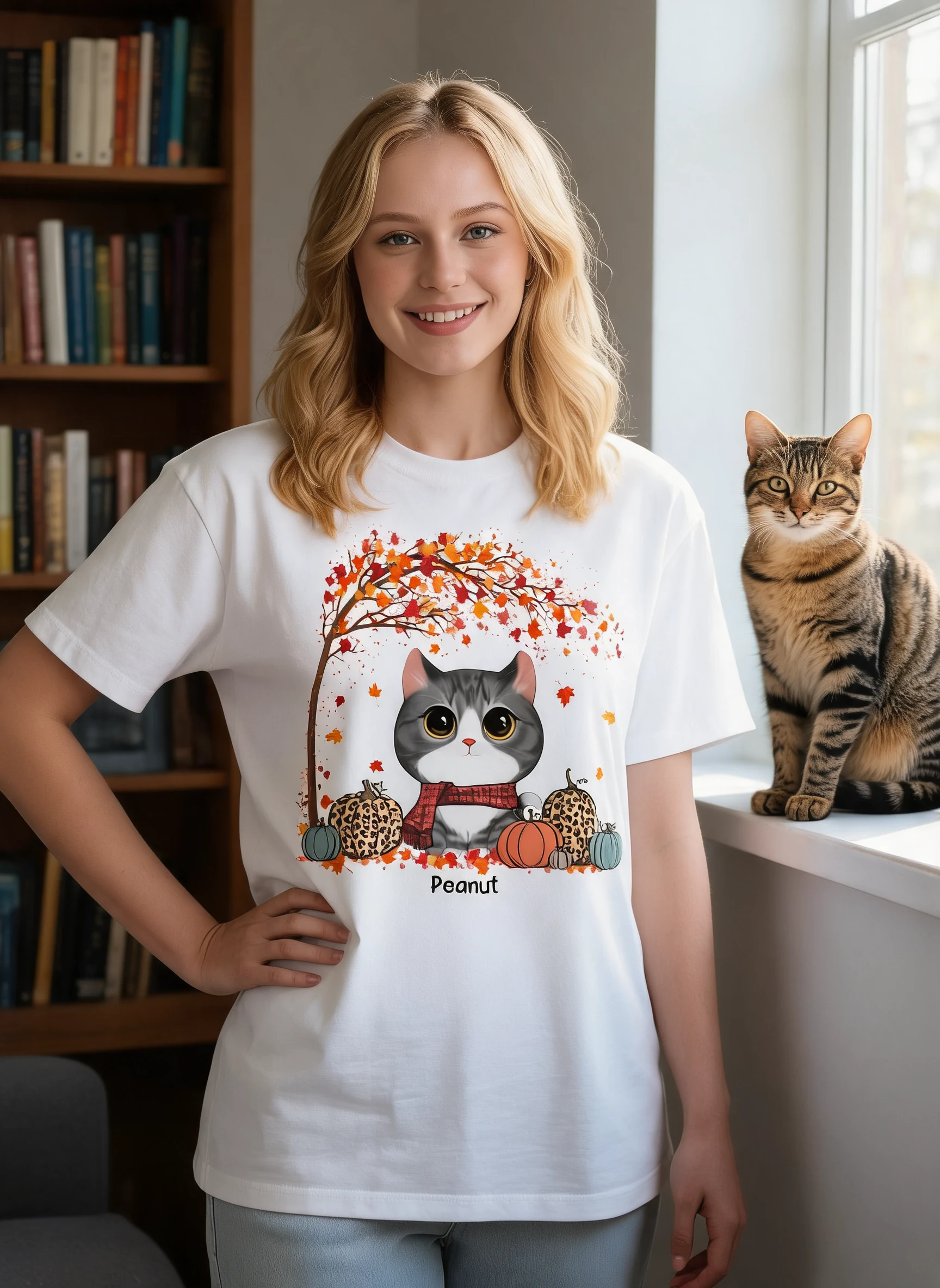 Camiseta Personalizada de Lindos Gatos Bajo el Árbol en Acuarela para la Temporada de Otoño — Blanco