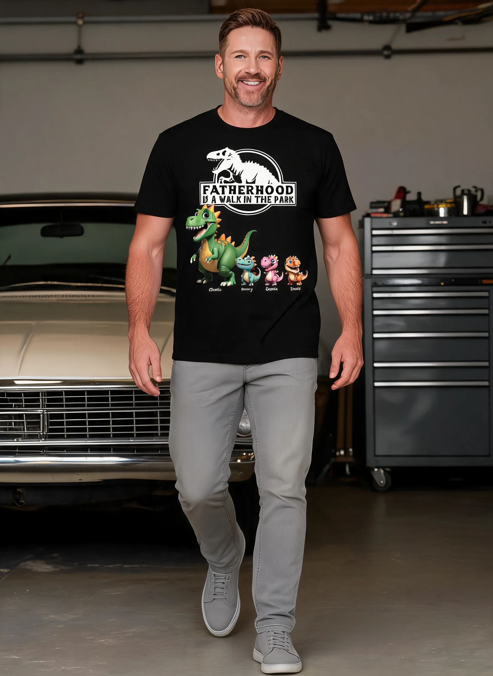 Fatherhood Is A Walk In The Park Cartoon Dinosaurs - Personalized Shirt - Father's Day Gift For Husband, Dad — Black