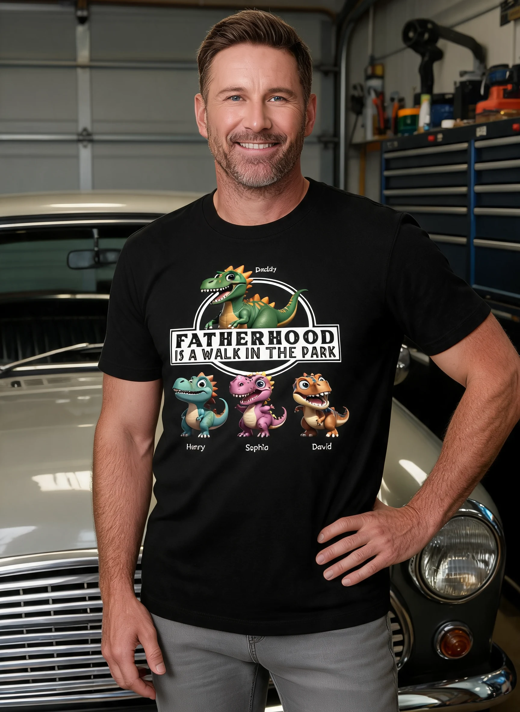 Fatherhood Is A Walk In The Park Dinosaurs Dad & Kids - Personalized Shirt - Father's Day Gift For Husband, Dad — Black