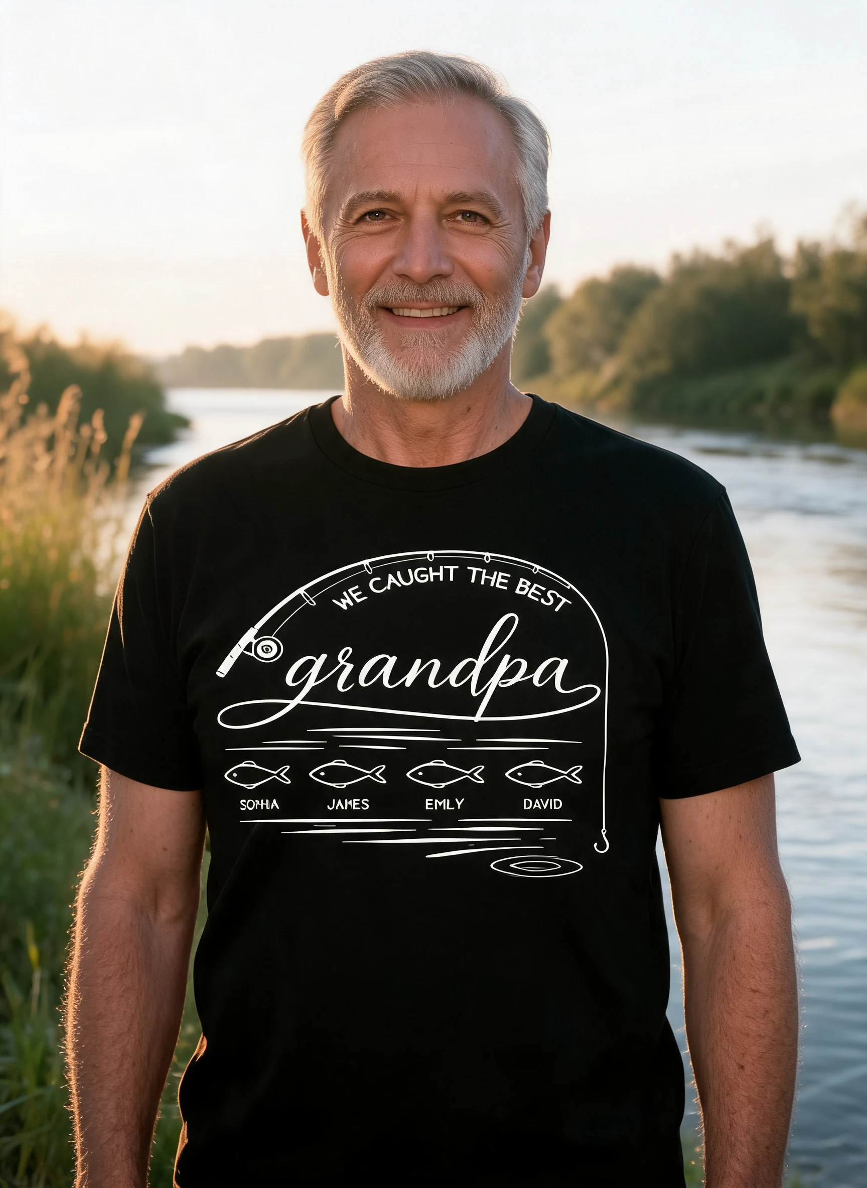Fishing Dad Grandpa Best Catch Outline Style - Personalized Shirt — Black