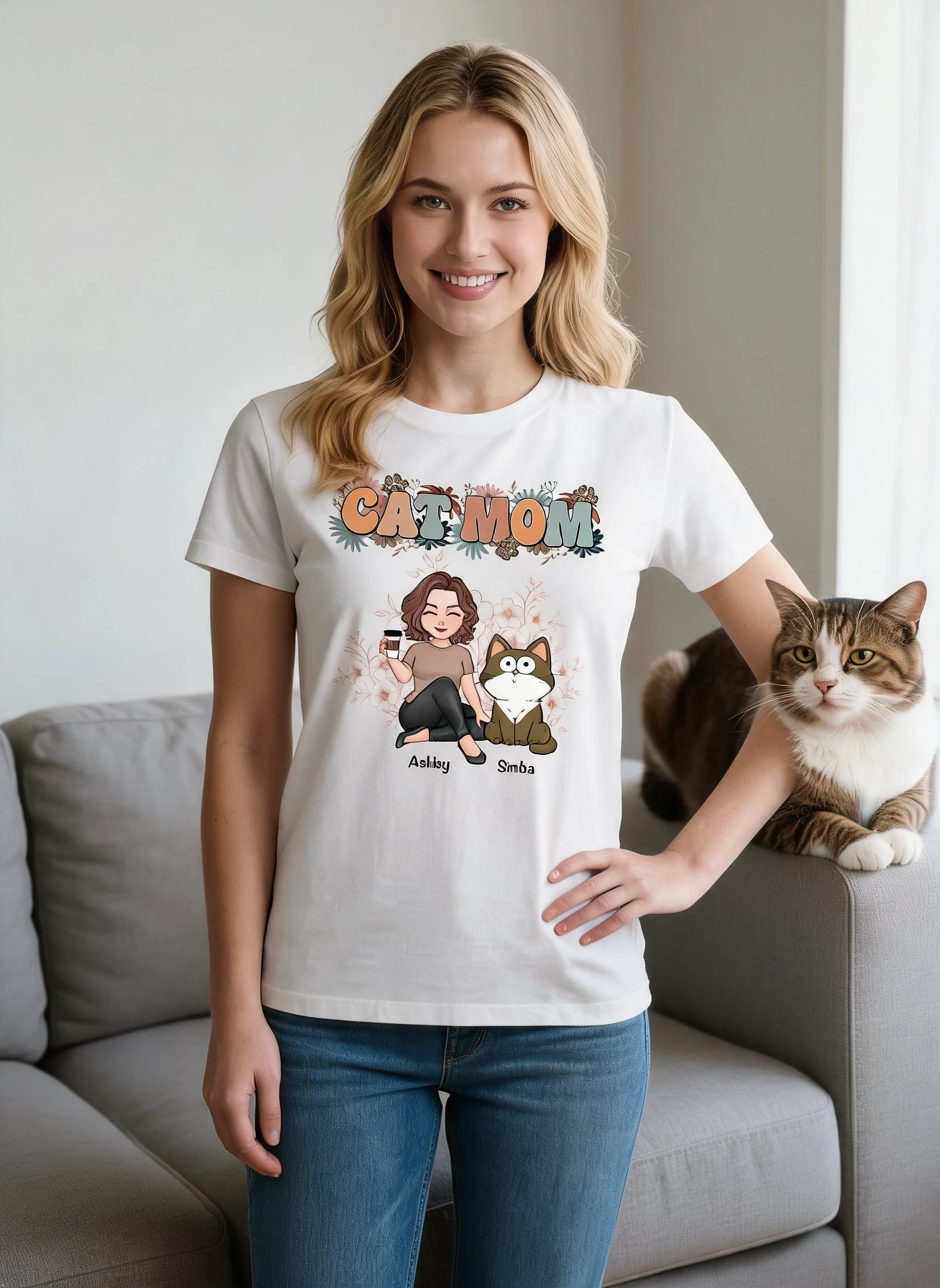 Floral Cats Mom Cute Woman And Fluffy Cats Funny Expressions Personalized Shirt — White