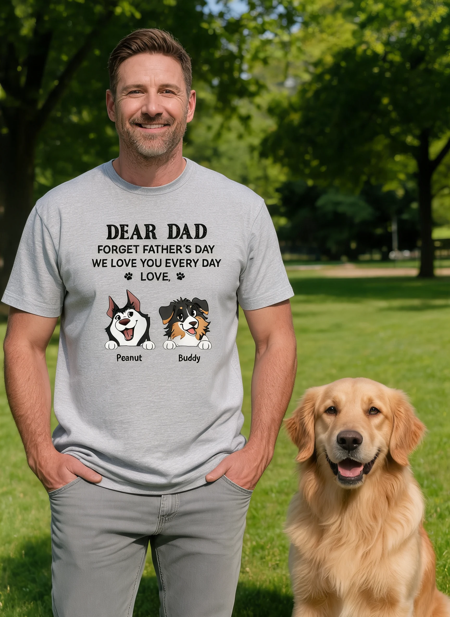 Oubliez la Fête des Pères On Vous Aime Tous Les Jours Cadeau Pour Amateur De Chiens T-Shirt Personnalisé Couleur Claire — Gris Sport