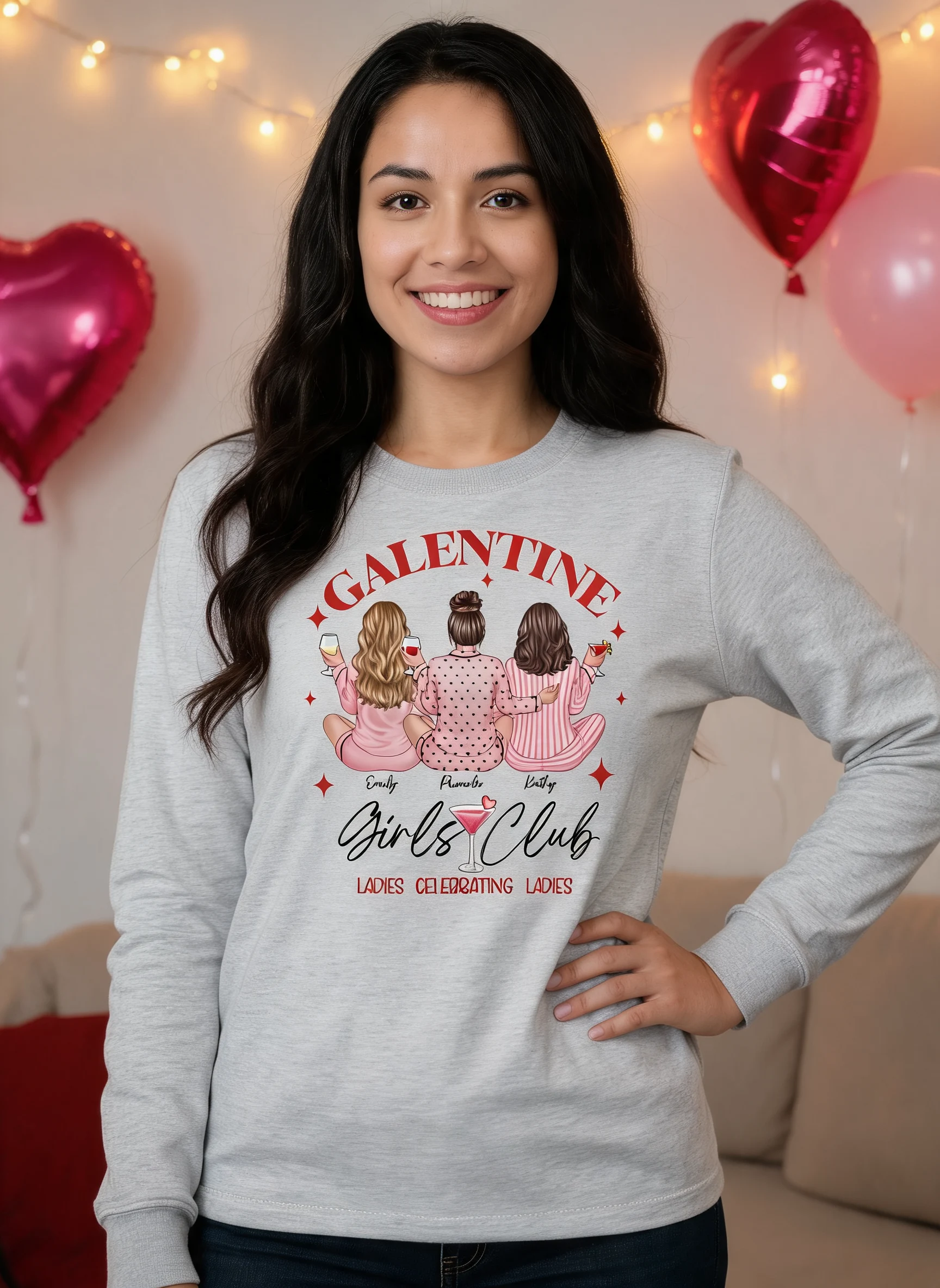 Galentine Girls Club Pajamas Girls Back View Personalized Shirt, Shirt, Social Club, Besties Gift — Sport Grey