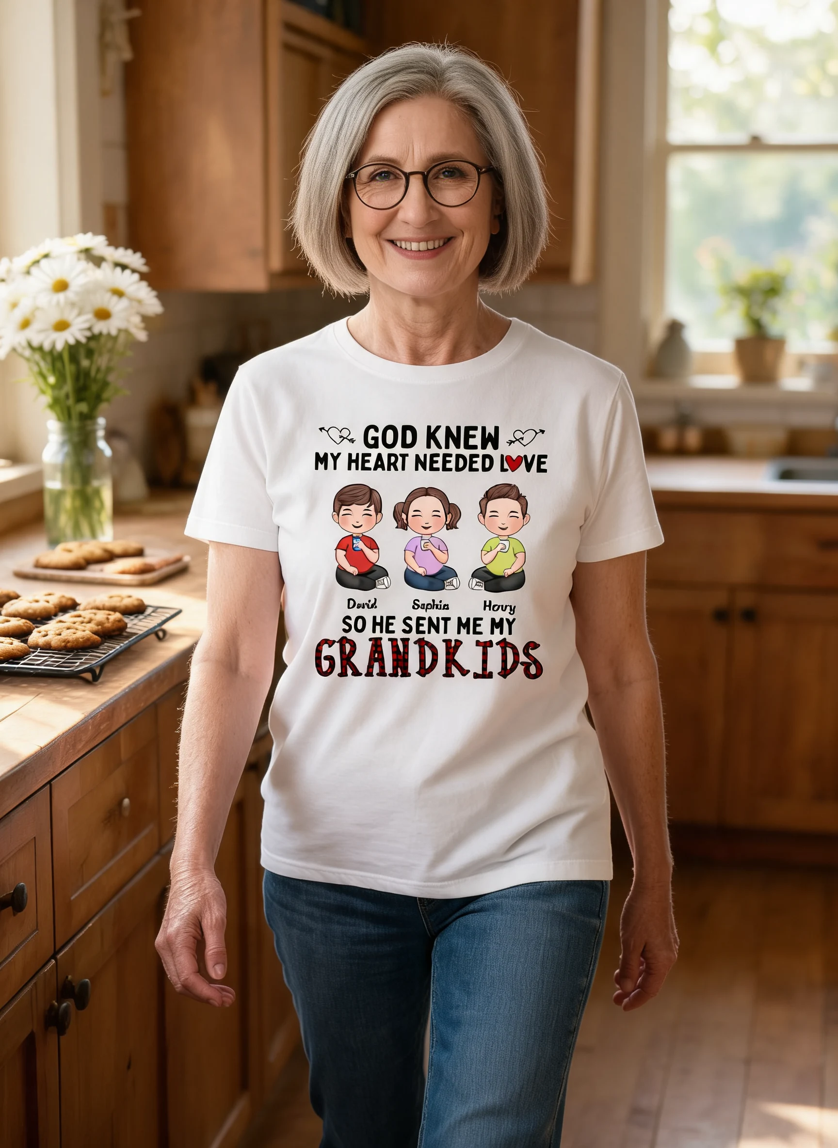 God Knew My Heart Needed Love Cute Grandkids Sitting Personalized Shirt — White