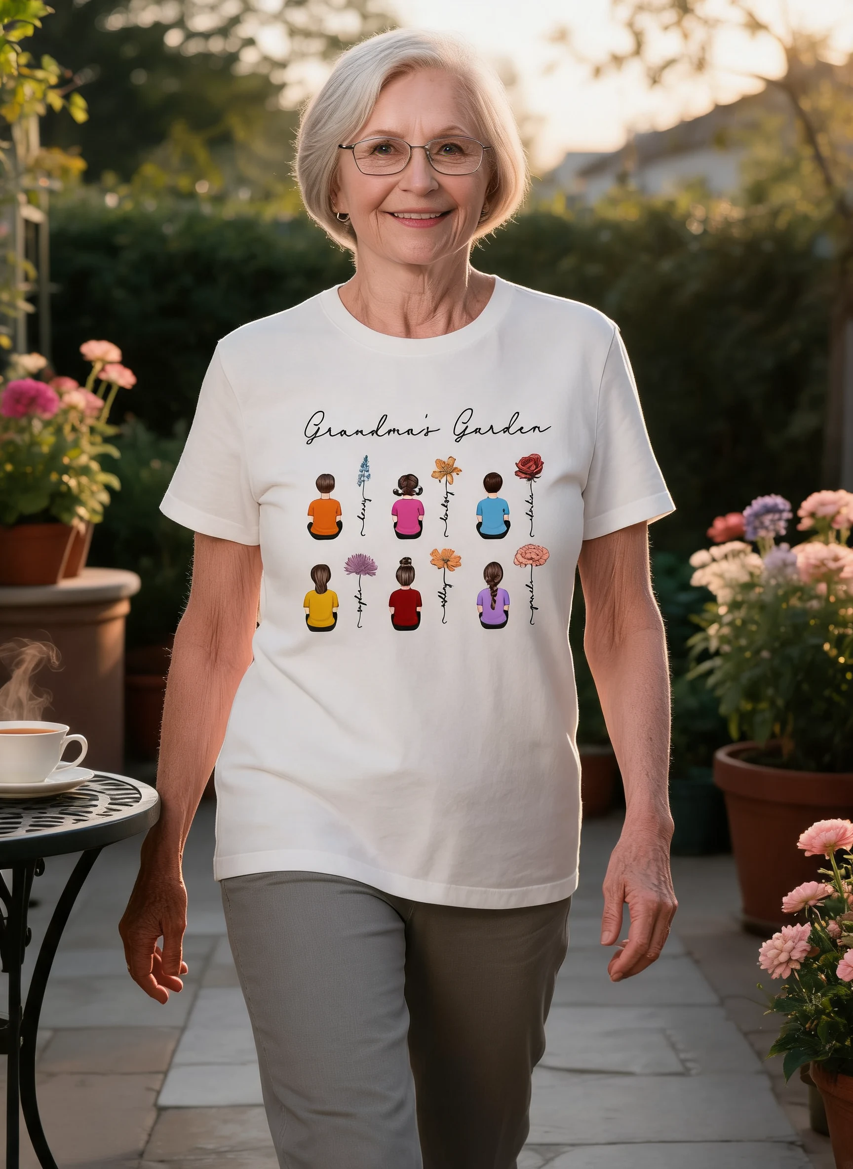 Grandkids Sitting Grandma Garden Vintage Birth Month Flowers Personalized Shirt — White