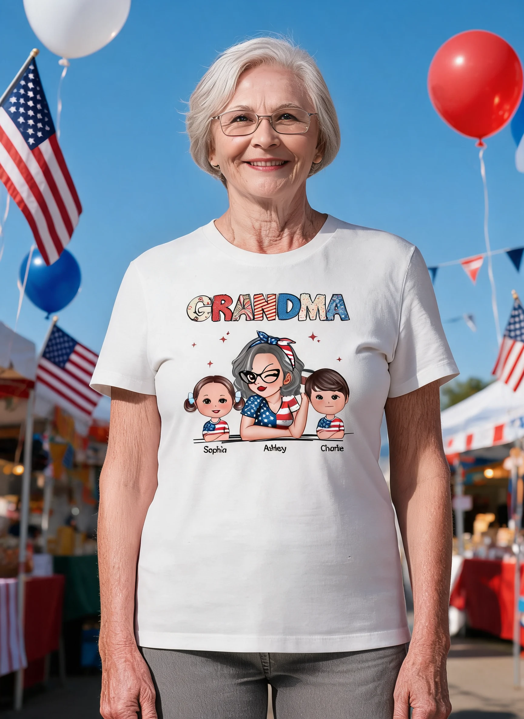 Grandma 4th Of July Sparkly Pattern Personalized Shirt, Independence Day — White