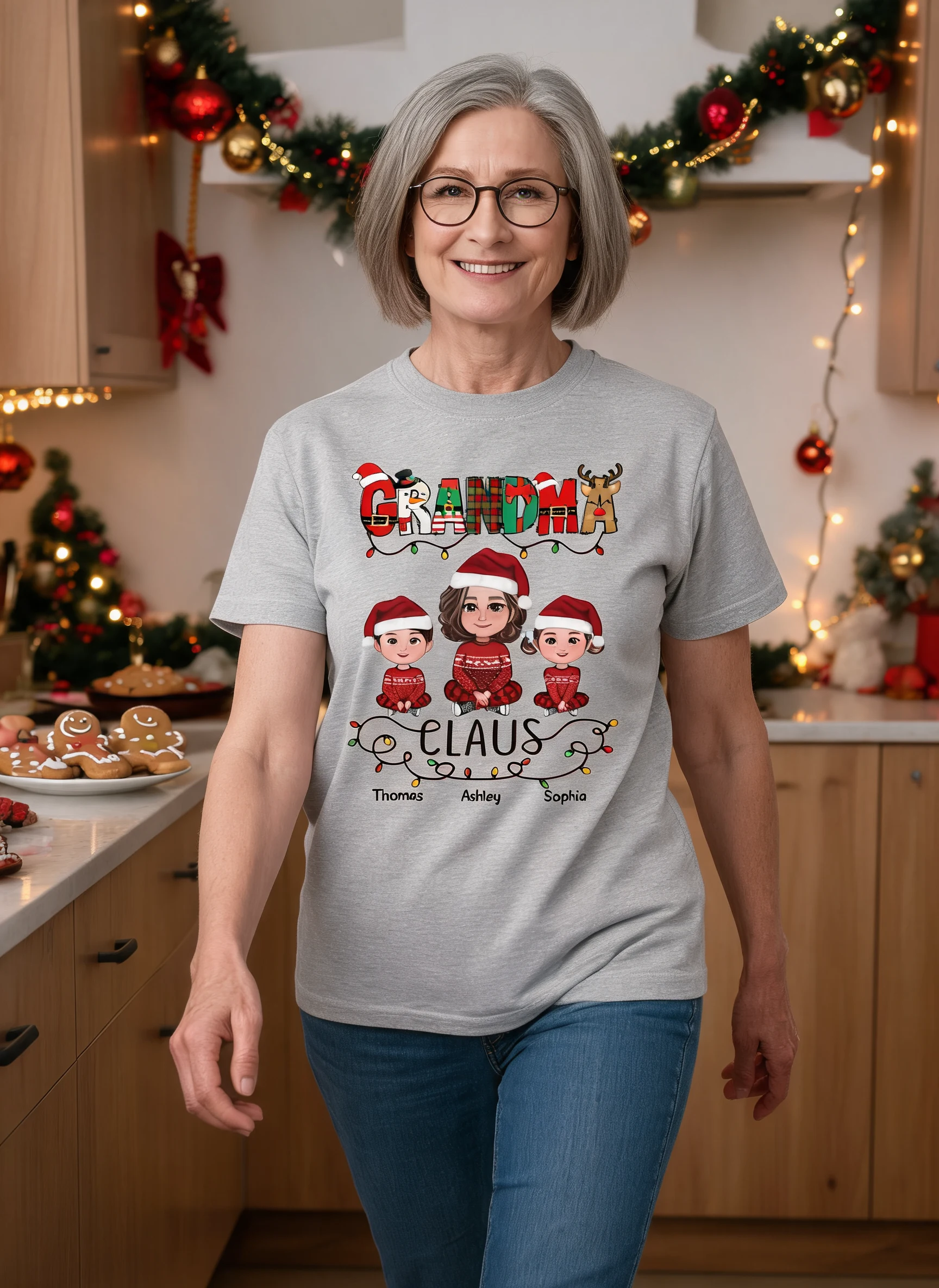 T-shirt personnalisé Mamie Noël Motif Lumières de Noël Mamie Petits-enfants — Gris Sport