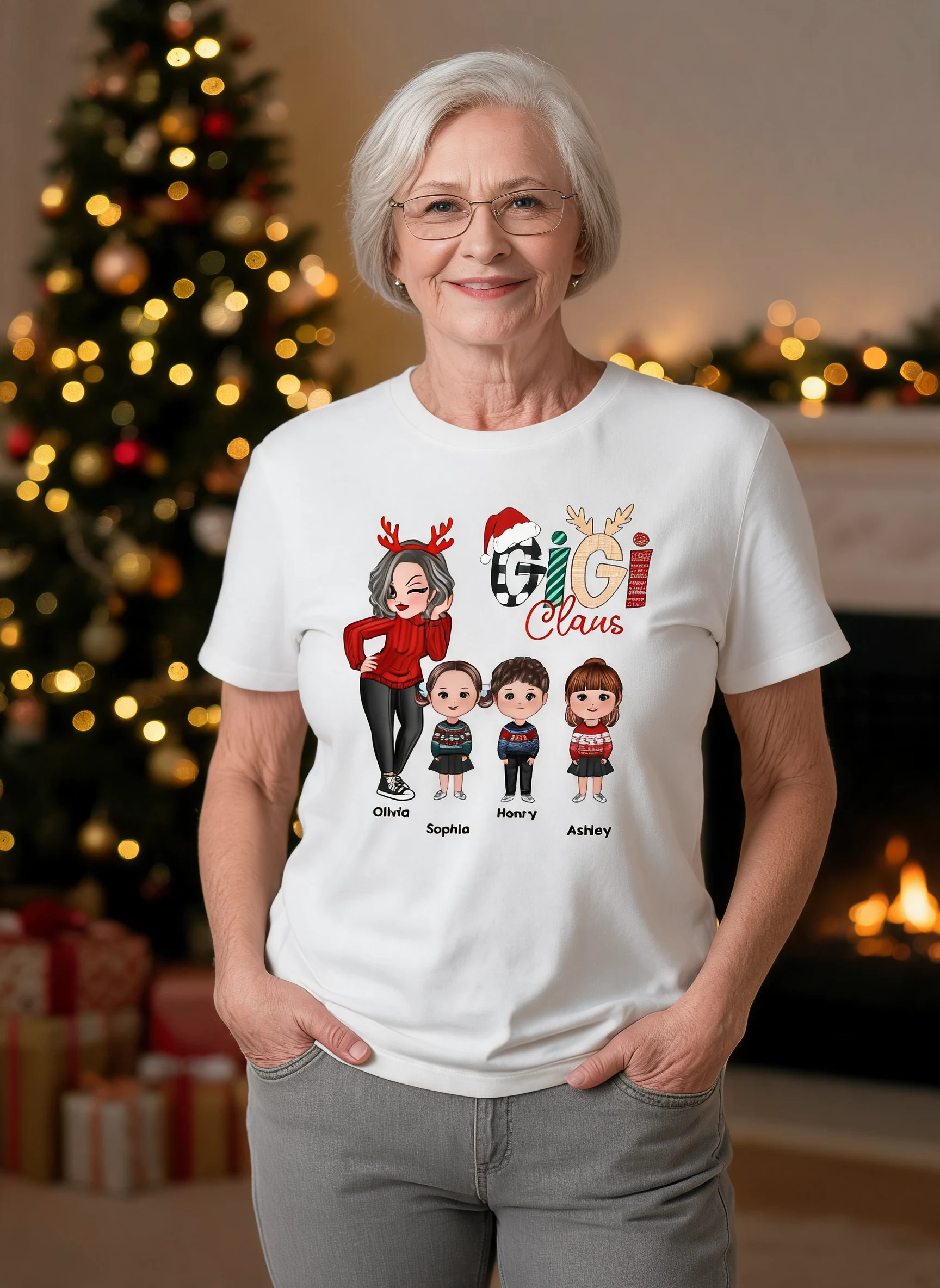 Camisa Personalizada Abuela Claus Estampado Navideño — Blanco