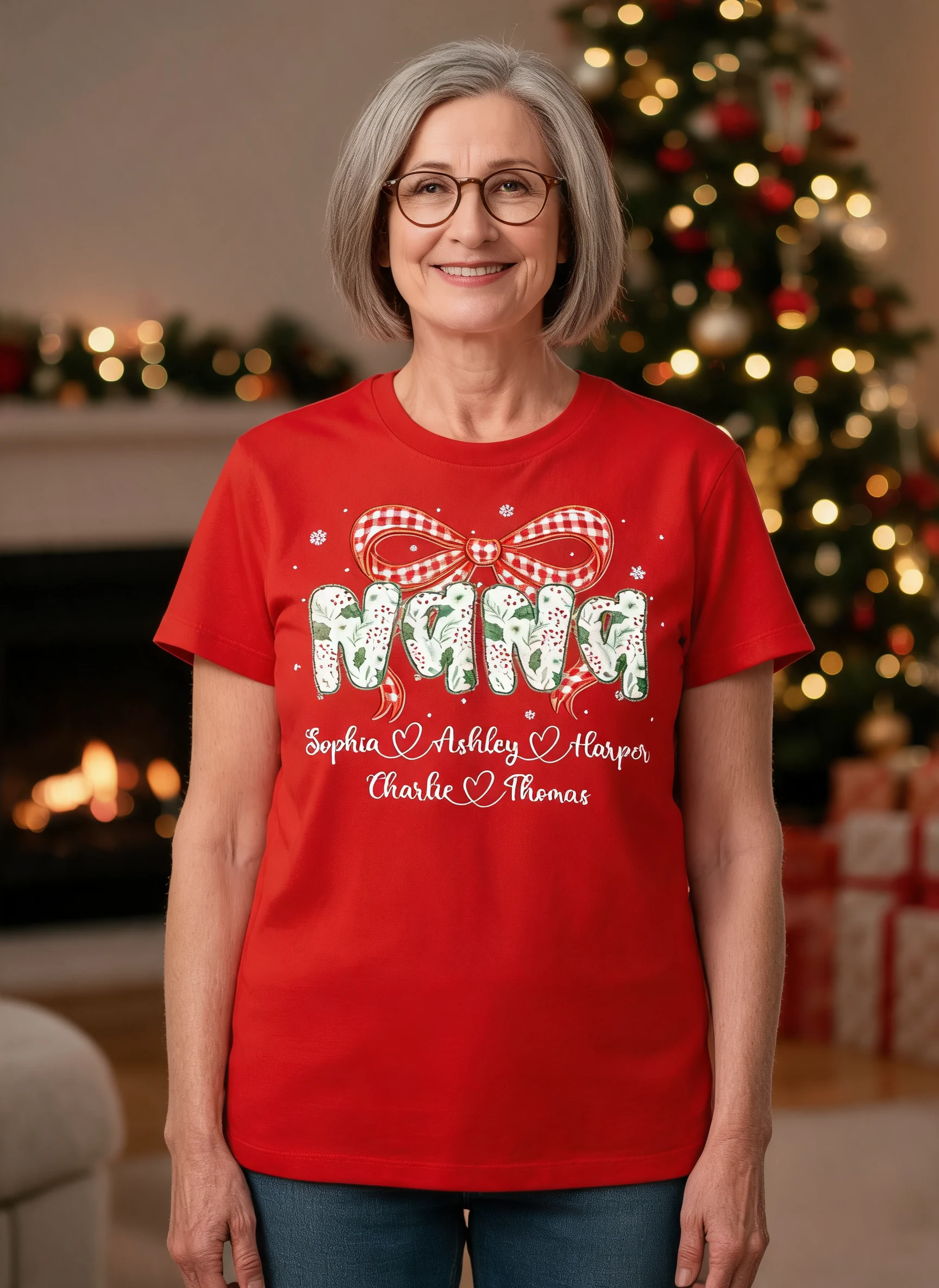 Grandma Coquette Floral Christmas Pattern With Kids Names - Personalized Shirt — White
