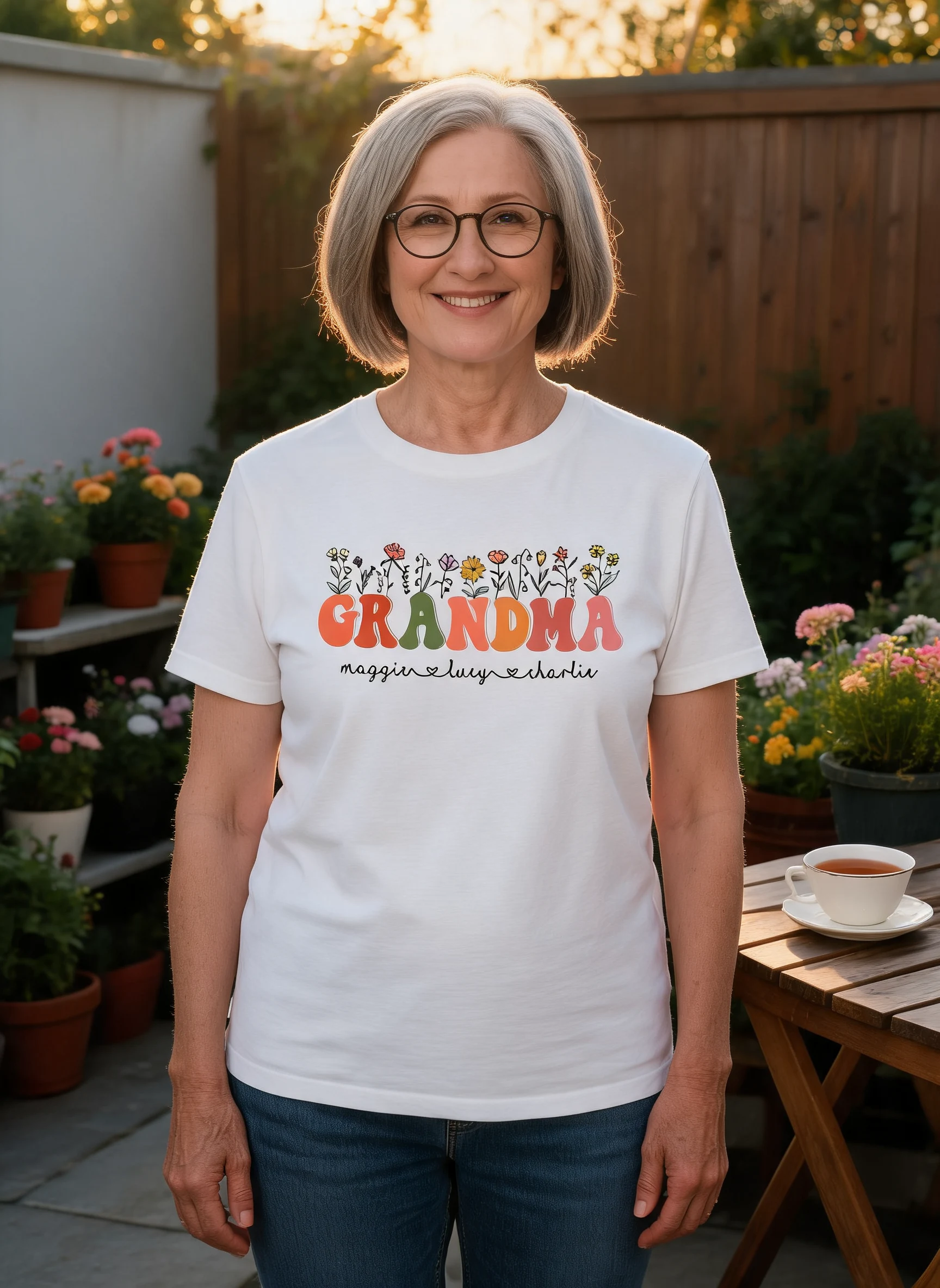 Mamie Fleuri Ambiance Été Prénoms Des Petits-Enfants T-Shirt Personnalisé — Blanc