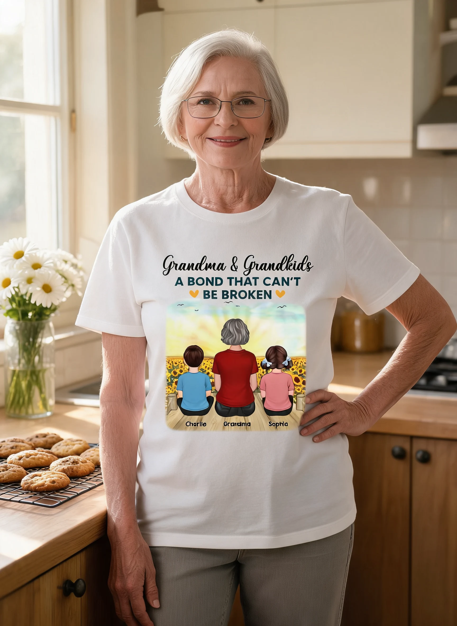 Grandma Grandkids Crossed Legs A Bond Can't Be Broken Personalized Shirt — White