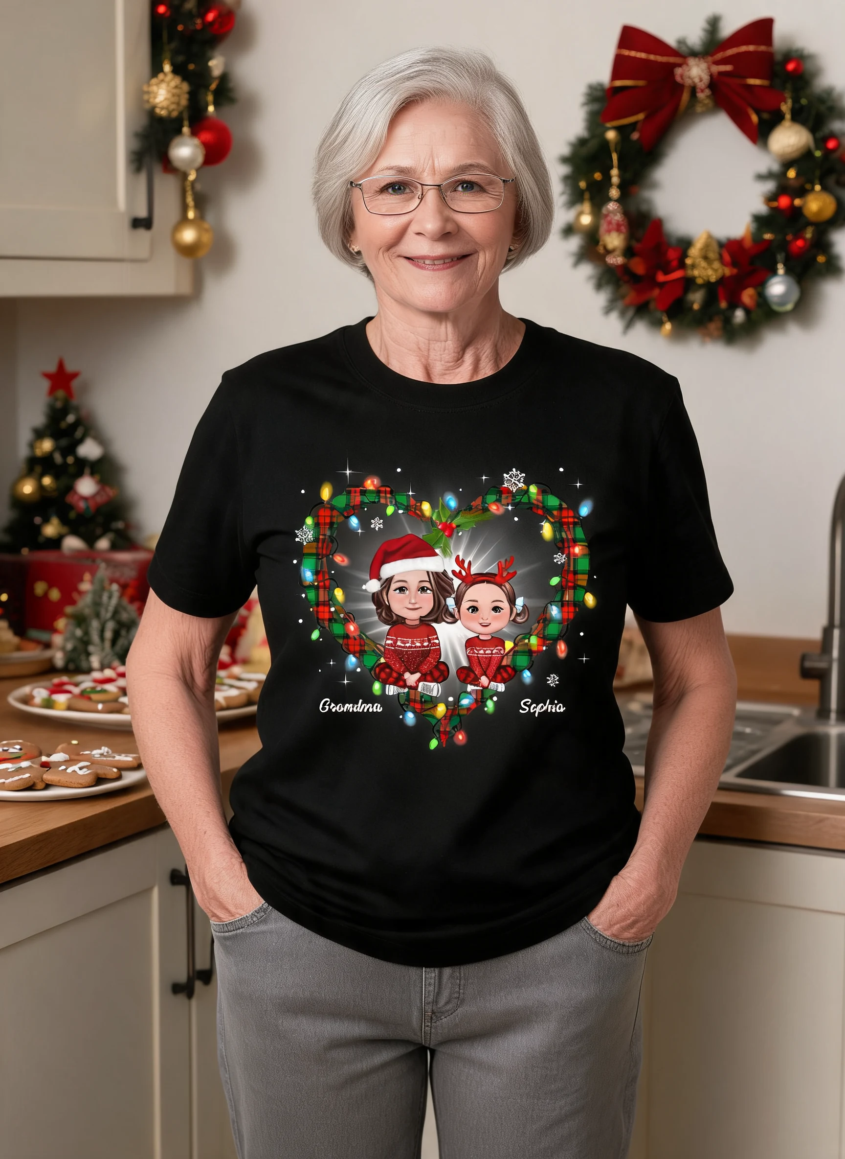 Grandma Grandkids Crossed Legs Heart Christmas Pattern Personalized Shirt — Black