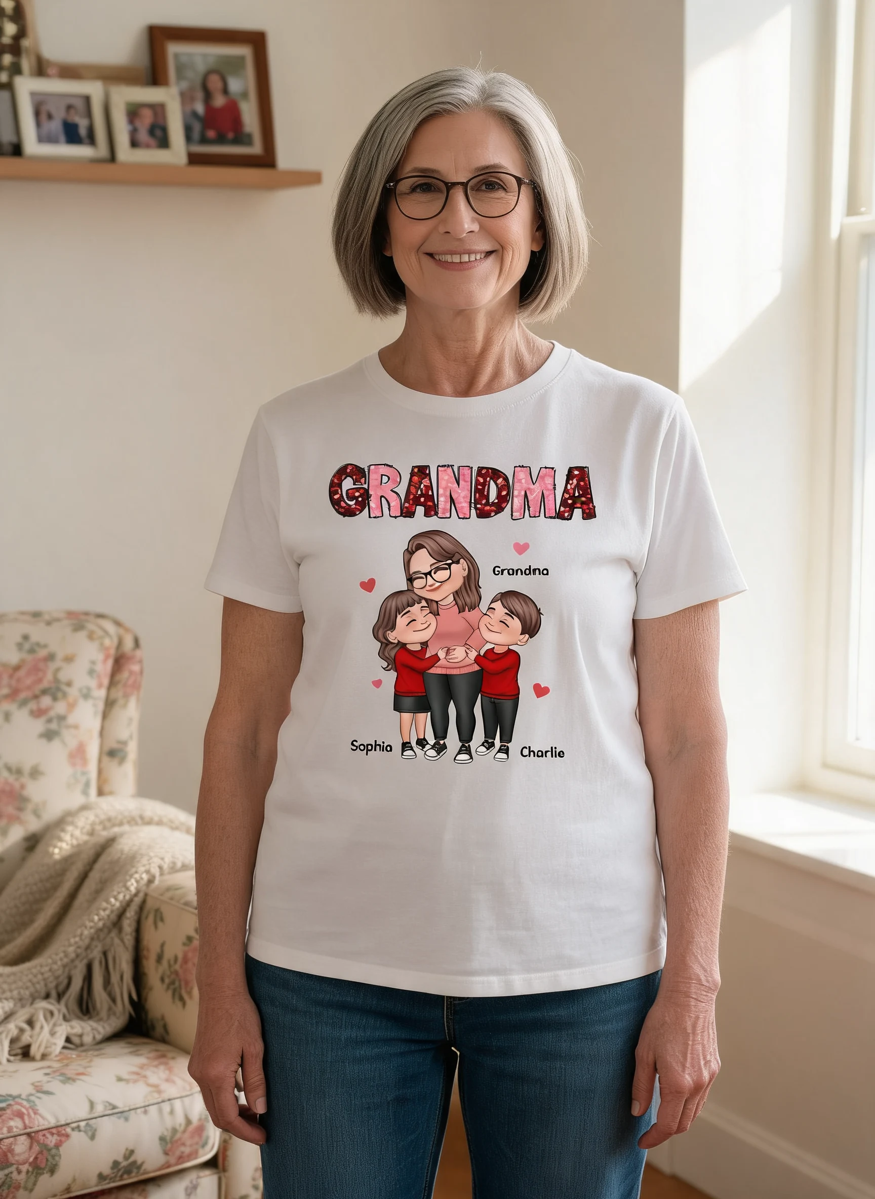 Grandma Grandkids Hugging Red & Pink Hearts Sequins Effect Personalized Shirt — White