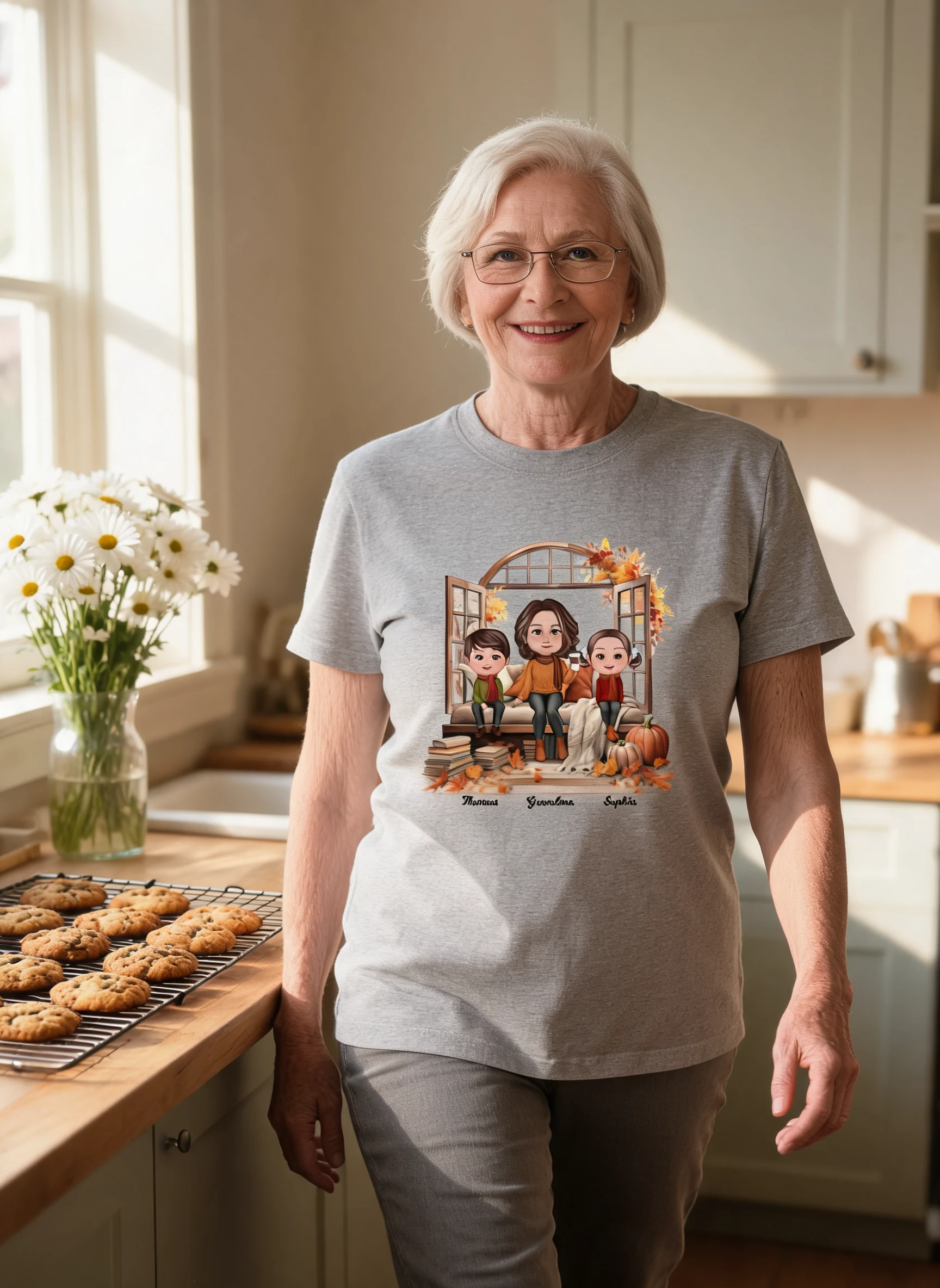 Oma Enkel Sitzen Auf Sofa Gemütliches Herbstfenster Personalisiertes Shirt — Sport Grey