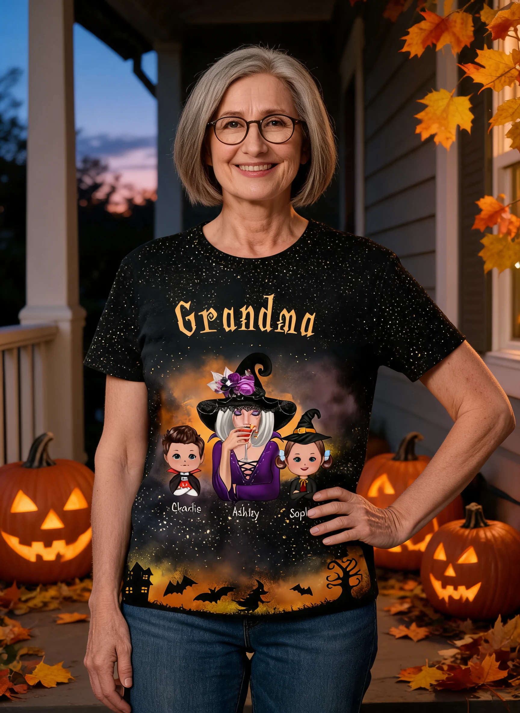 Mamie & Enfants T-Shirt Personnalisé Motif Tie-Dye Dégradé Sorcière Parfait Costume d'Halloween Pour Mamie — Noir