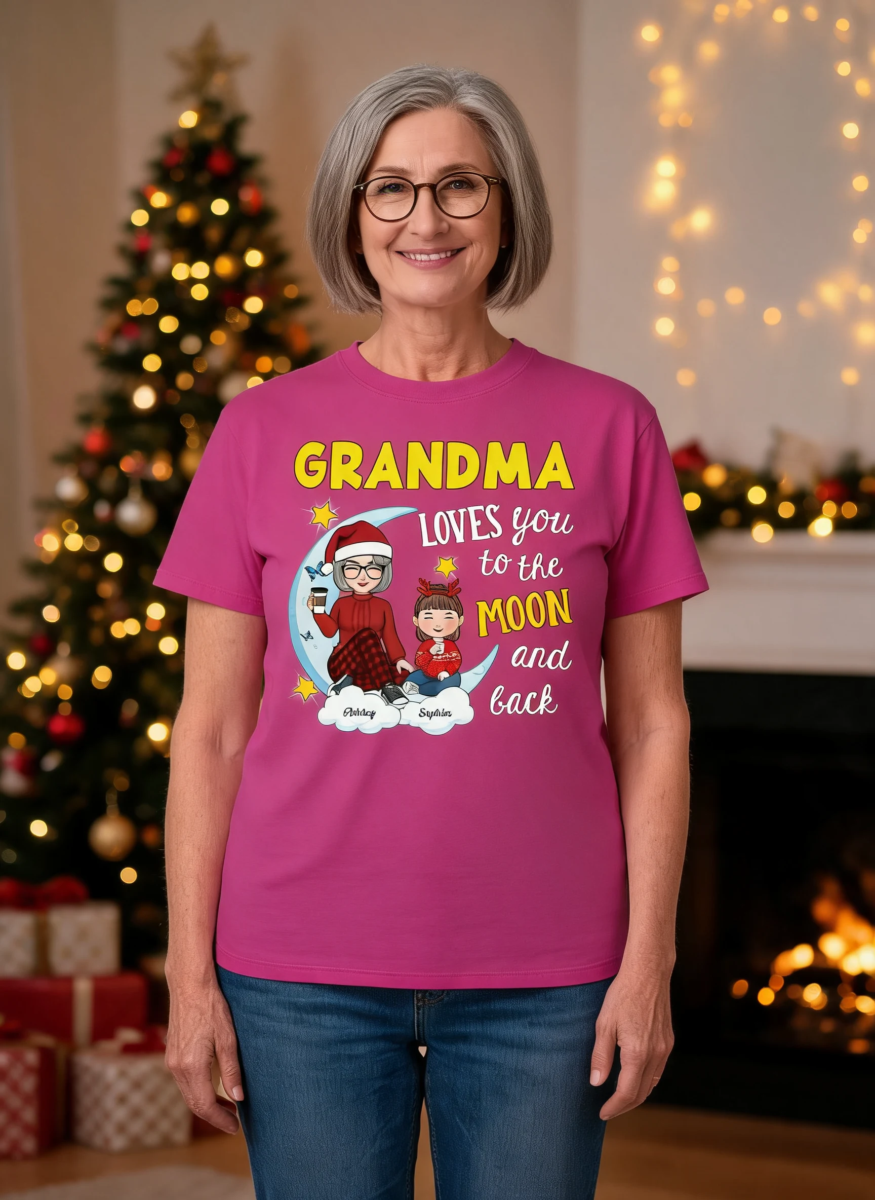 Mamie T'Aime Jusqu'à La Lune Et Retour Mignonne Mamie Petits-Enfants Sweat À Capuche Personnalisé De Noël — Rose Clair