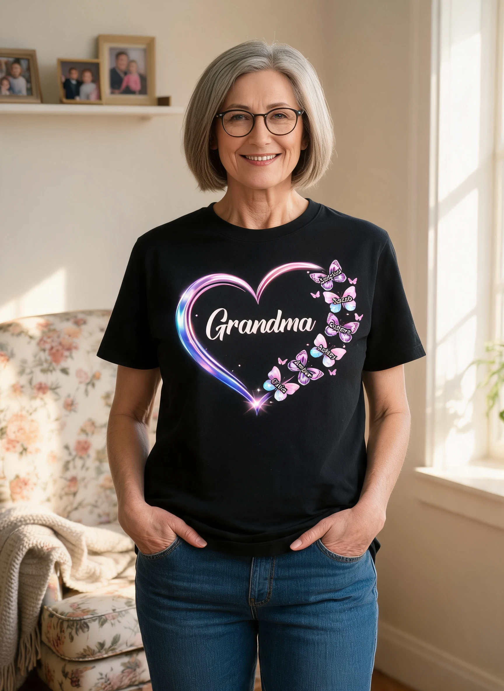 Grandma Mom Butterfly Heart with Kids' Names - Personalized Shirt - Sentimental Gift for Grandma, Mom — Black