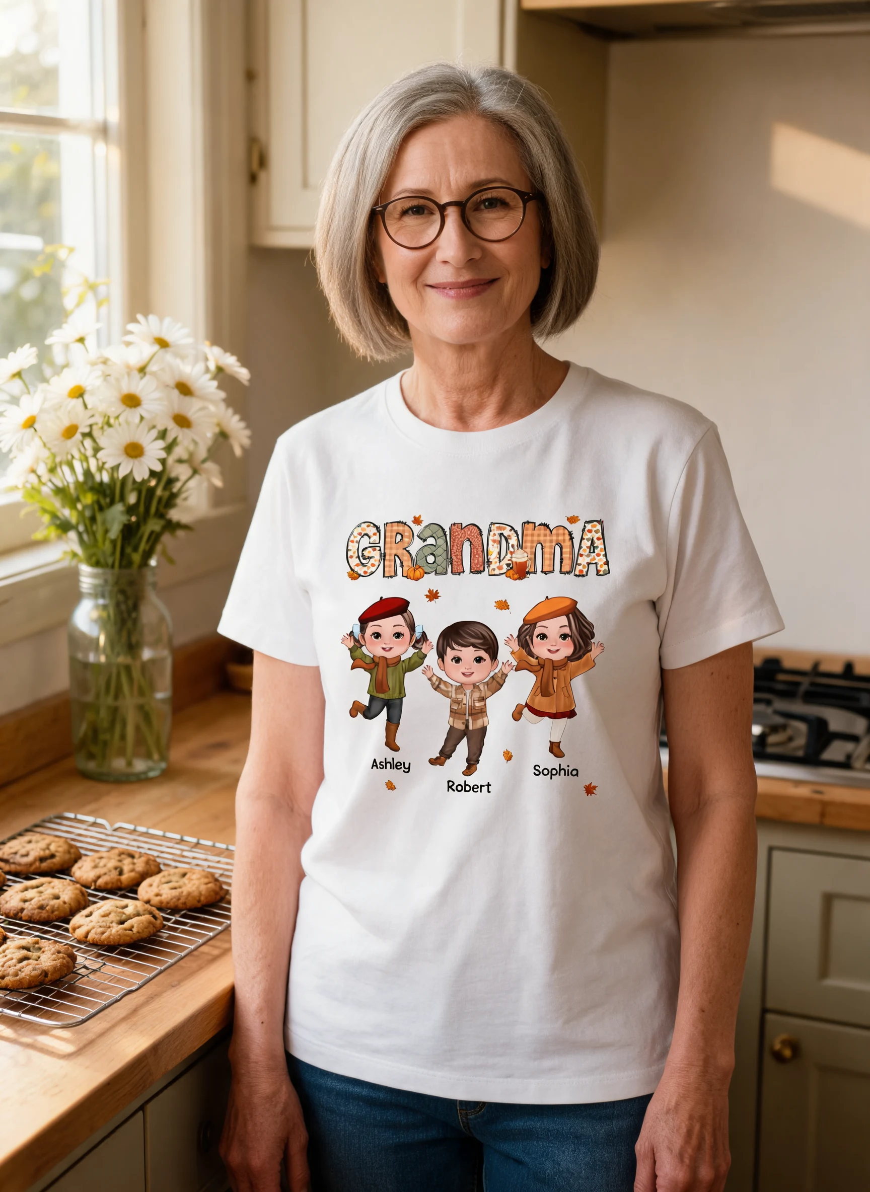 Grandma Mom Fall Season Pattern Happy Doll Kids Personalized Shirt — White