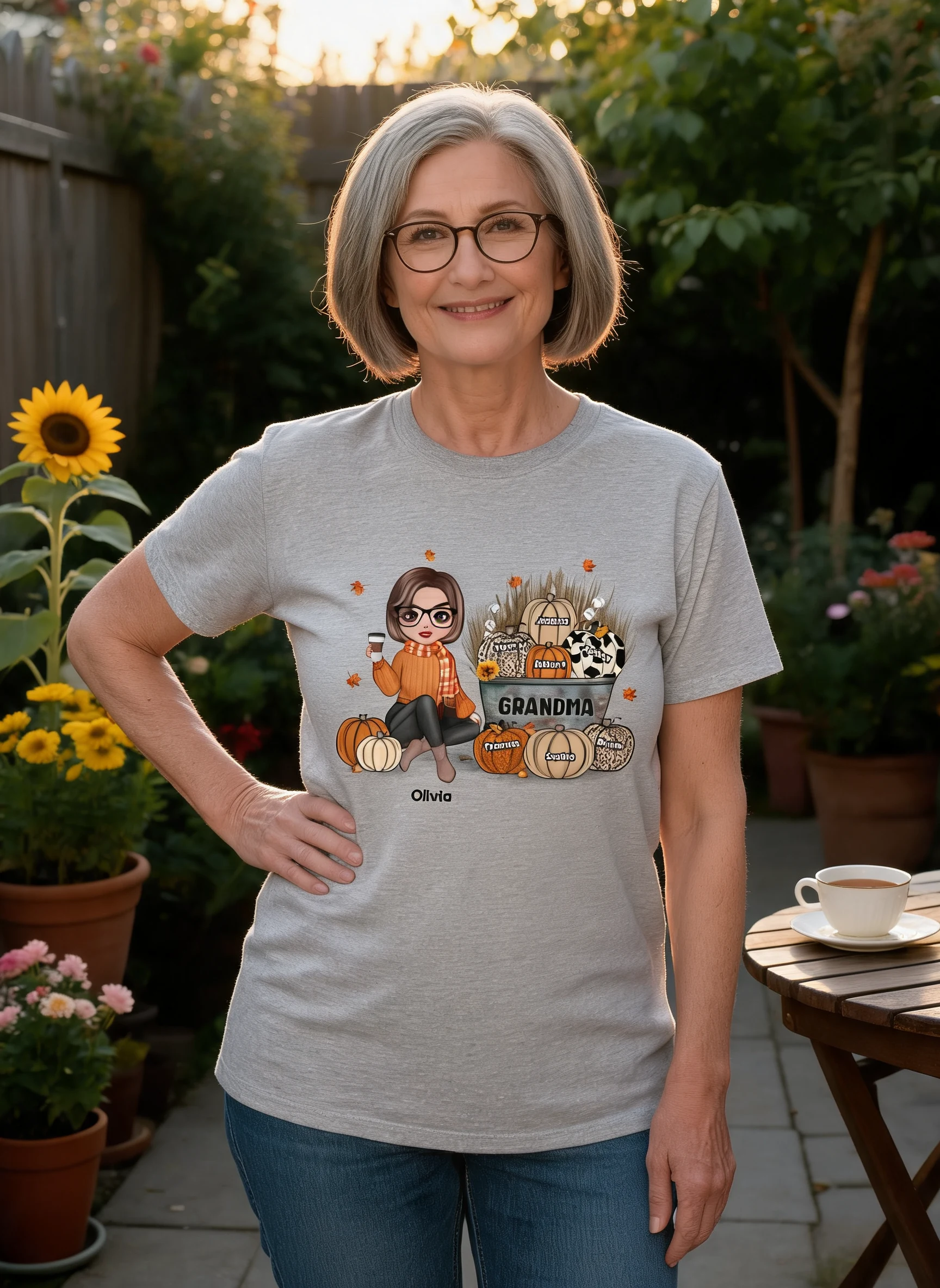 Oma Mama Herbstzeit Sitzender Kürbiseimer Personalisiertes Shirt — Sport Grey