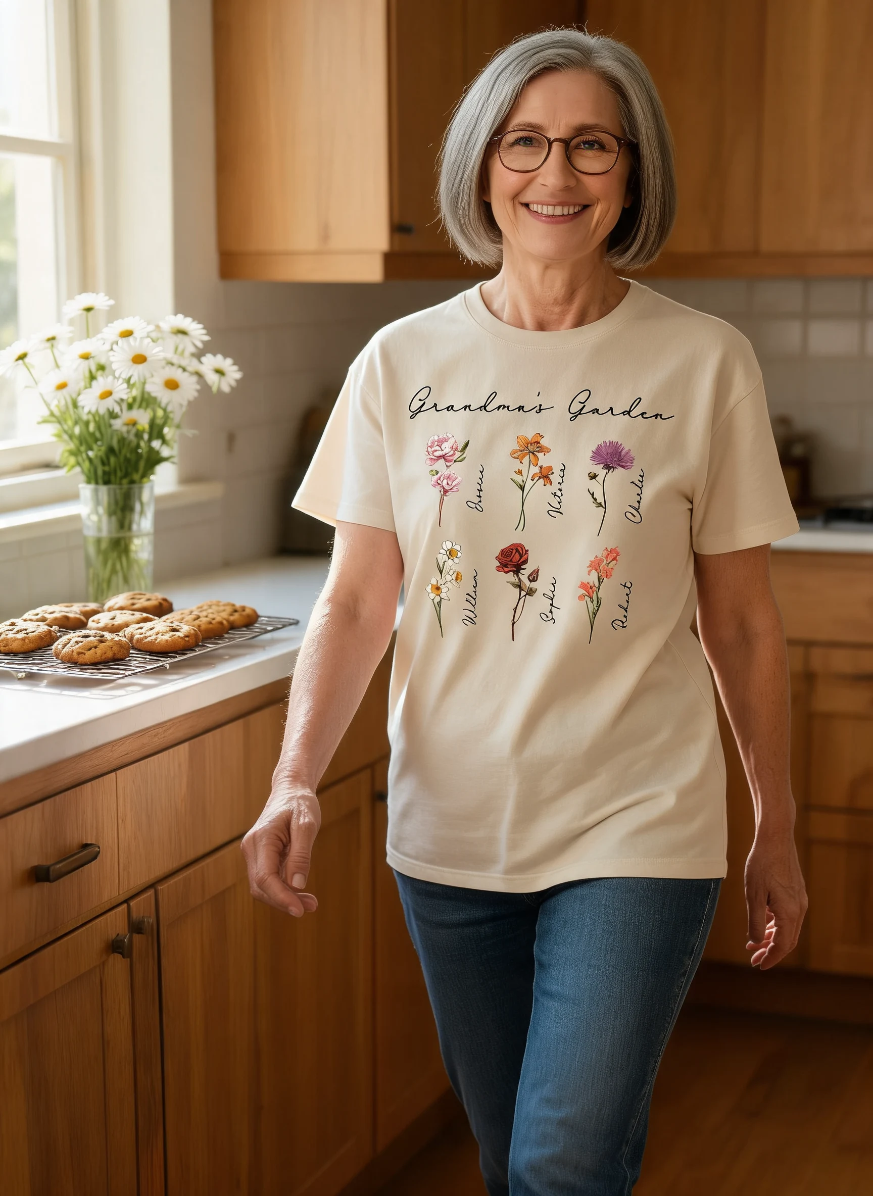 Grandma Mom Garden Vintage Birth Month Flowers Mother's Day Gift Personalized Shirt — Sand