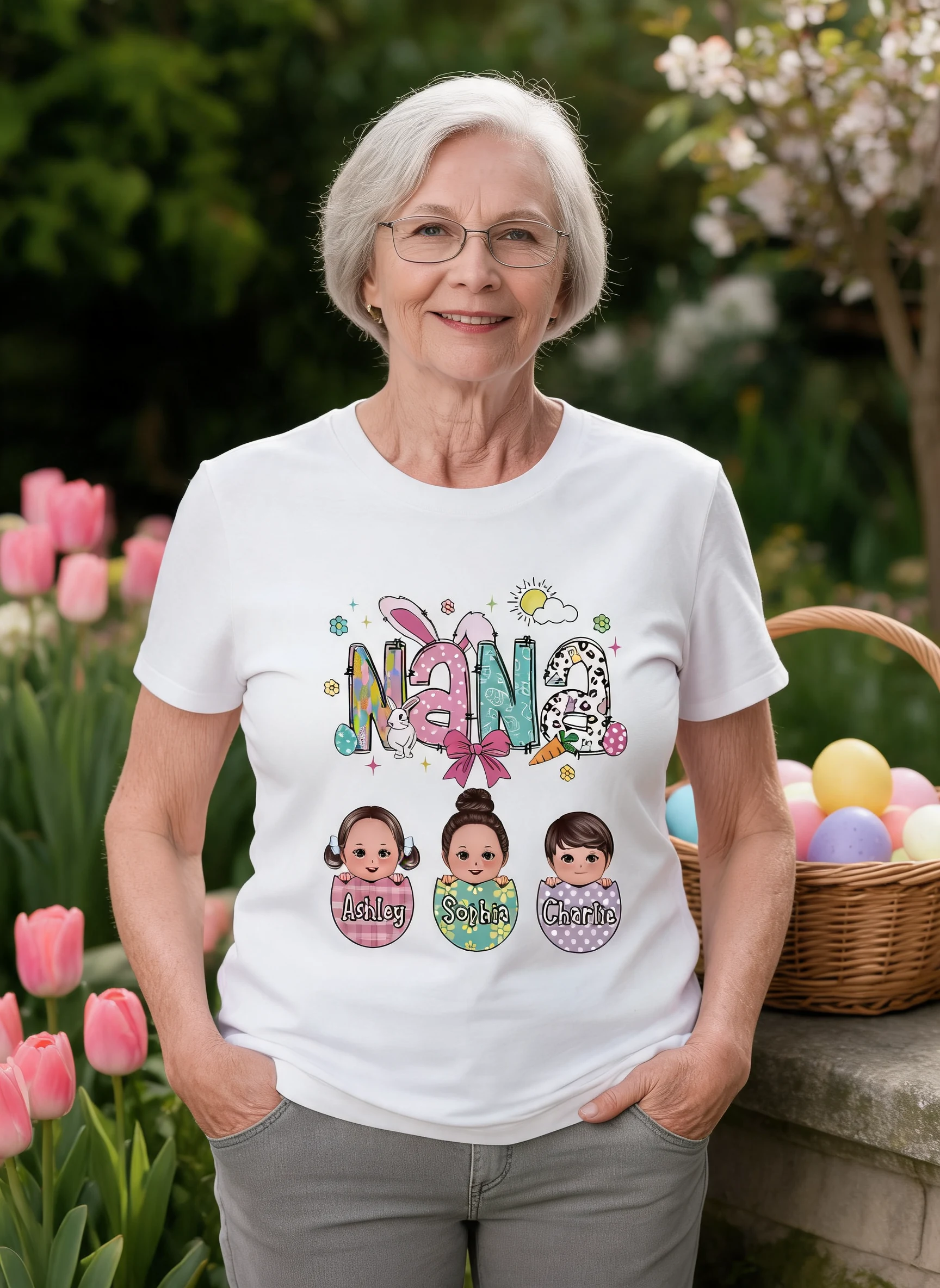Grandma Mom Gigi Easter Eggs Kids Name Personalized Shirt — White