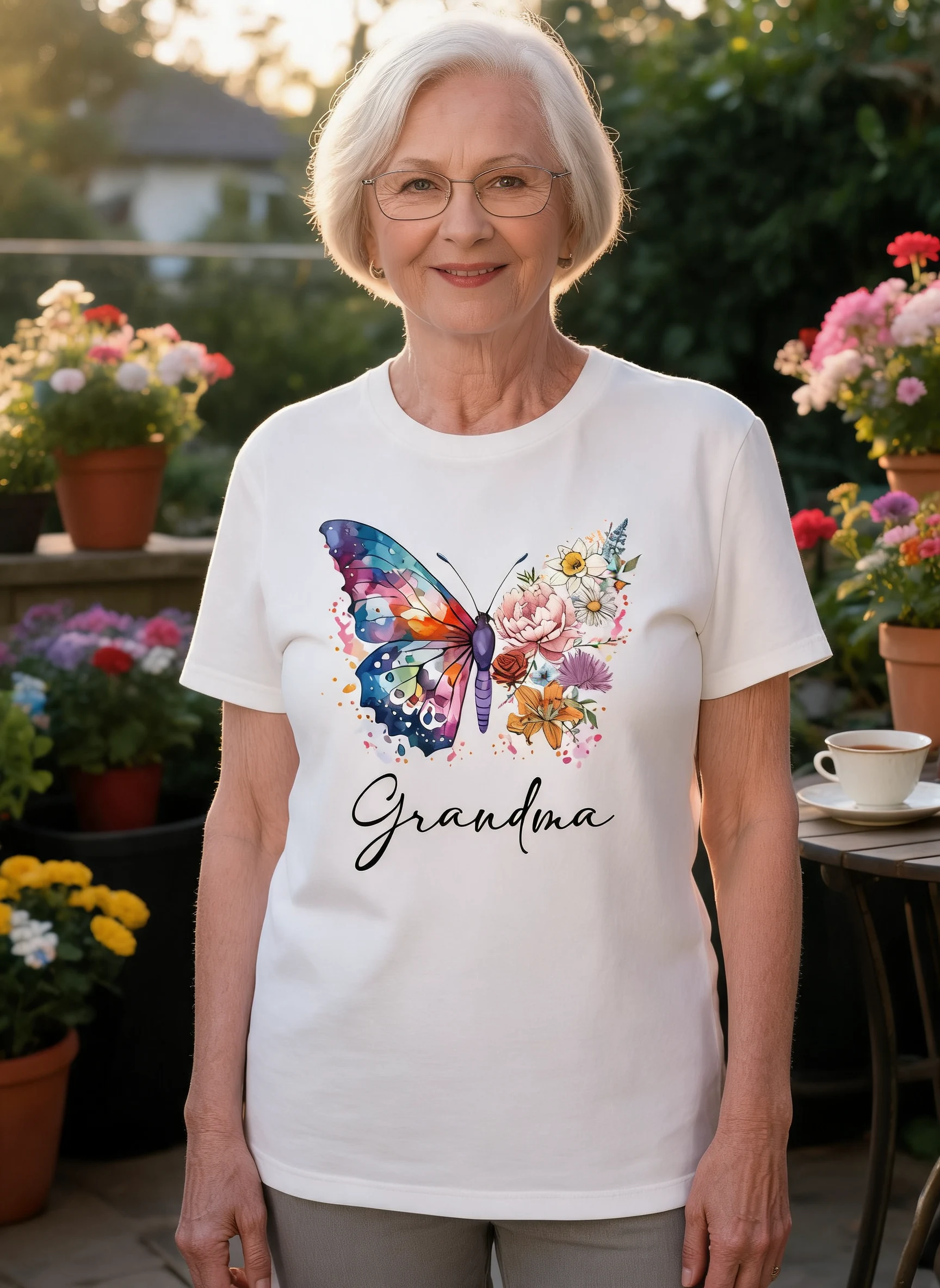 Grandma Mom Half Butterflies Birth Month Flowers Personalized Shirt — White